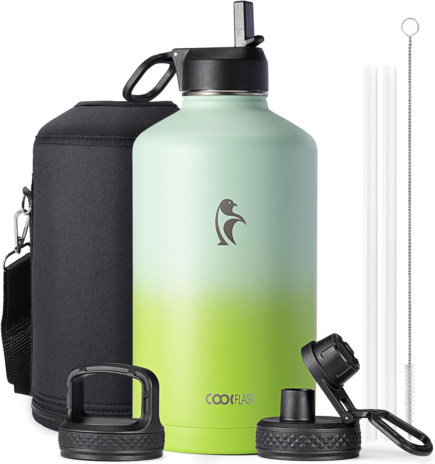 Half Gallon Water Bottle Insulated with Straw & 3 Lids, Coolflask 64 oz Water Jug Large Metal Stainless Steel Wide Mouth for Sports, Gym or Office, Non-BPA Keep Cold 48H Hot 24H, Samurai Cyan