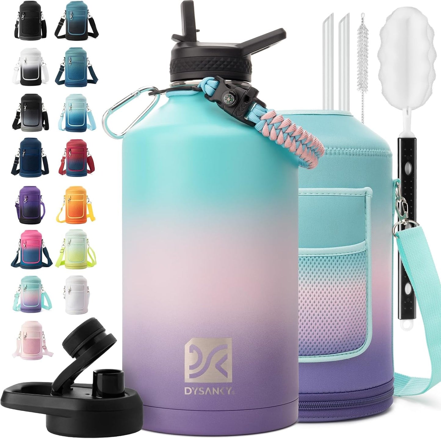 Insulated Water Bottle | Thickened Stainless Steel Vacuum Metal | Portable Sports Half Gallon Large Water Jug for Gym and Hiking with Straw, Carrier Bag, Handle Strap | BPA-Free 64 oz