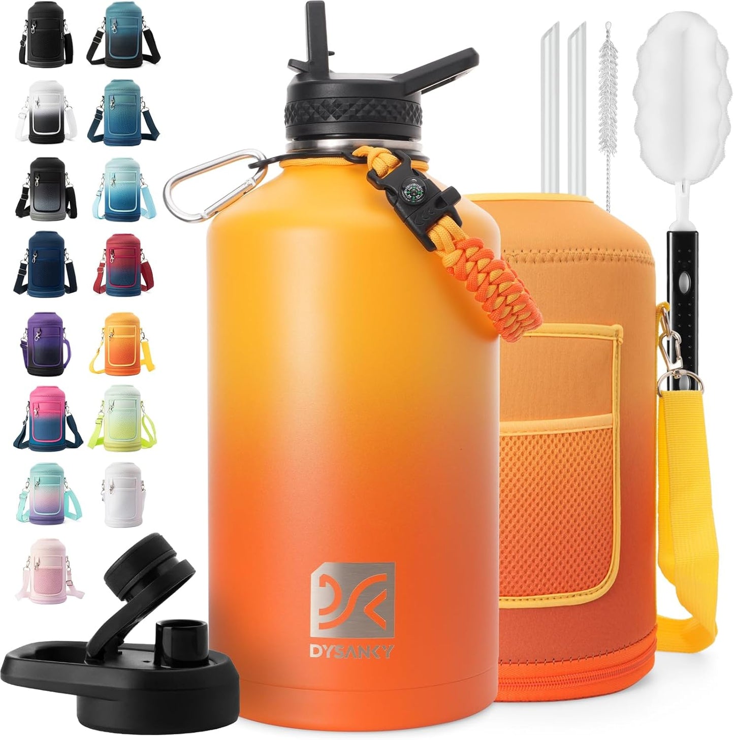 Insulated Water Bottle | Thickened Stainless Steel Vacuum Metal | Portable Sports Half Gallon Large Water Jug for Gym and Hiking with Straw, Carrier Bag, Handle Strap | BPA-Free 64 oz