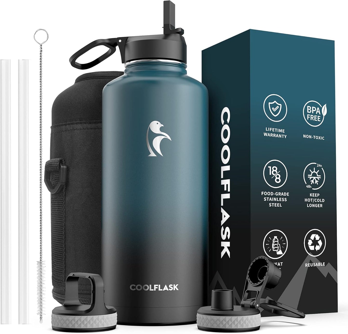 Half Gallon Water Bottle Insulated with Straw & 3 Lids, Coolflask 64 oz Water Jug Large Metal Stainless Steel Wide Mouth for Sports, Gym or Office, Non-BPA Keep Cold 48H Hot 24H, Samurai Cyan