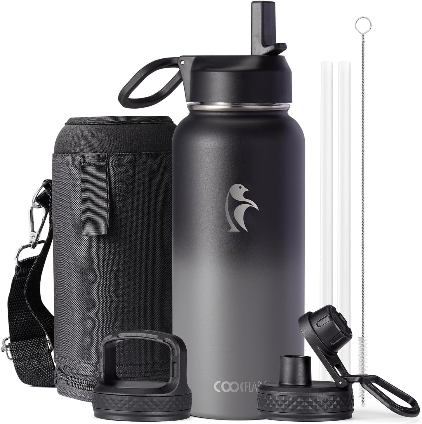 Half Gallon Water Bottle Insulated with Straw & 3 Lids, Coolflask 64 oz Water Jug Large Metal Stainless Steel Wide Mouth for Sports, Gym or Office, Non-BPA Keep Cold 48H Hot 24H, Samurai Cyan