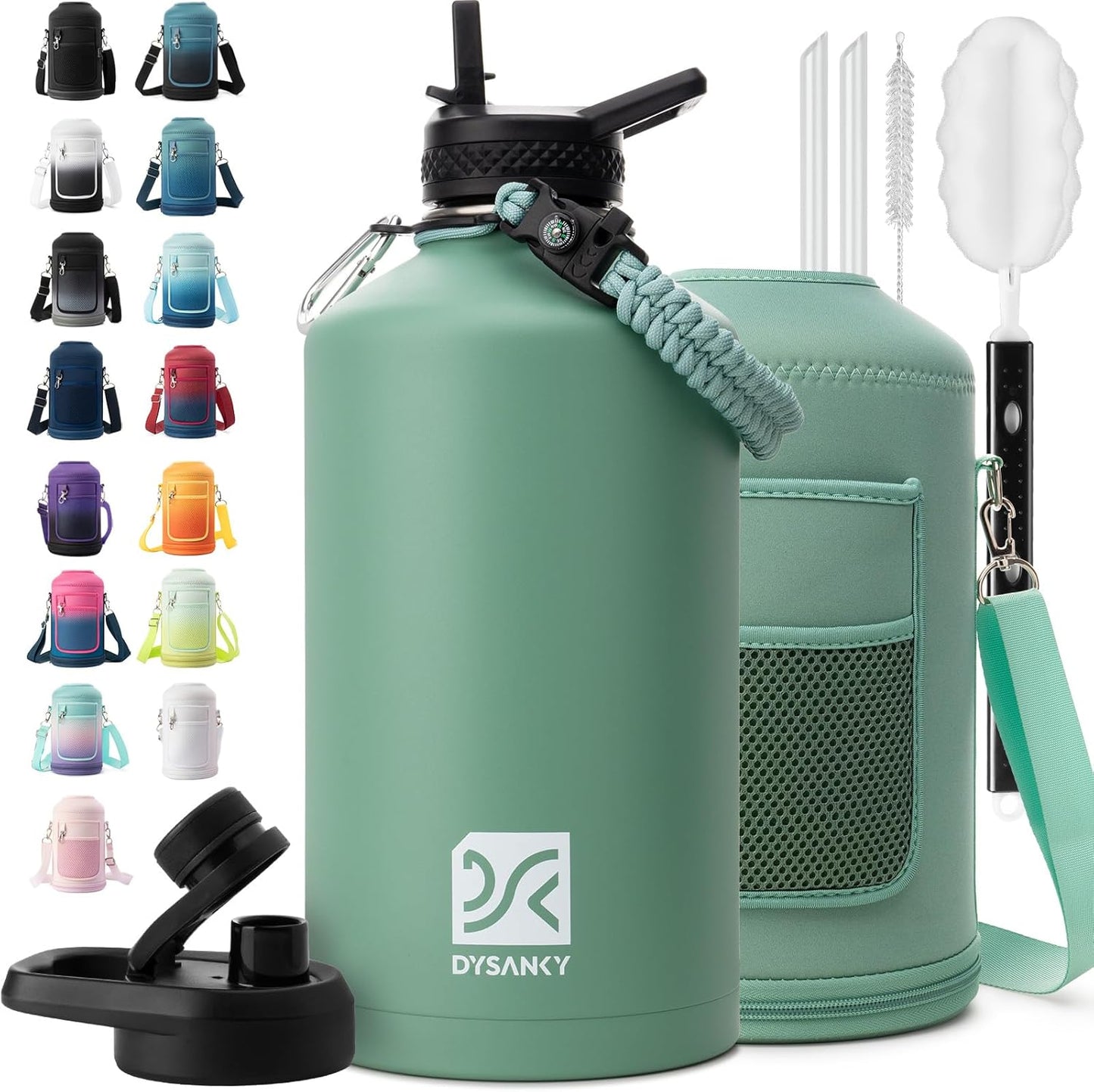 Insulated Water Bottle | Thickened Stainless Steel Vacuum Metal | Portable Sports Half Gallon Large Water Jug for Gym and Hiking with Straw, Carrier Bag, Handle Strap | BPA-Free 64 oz