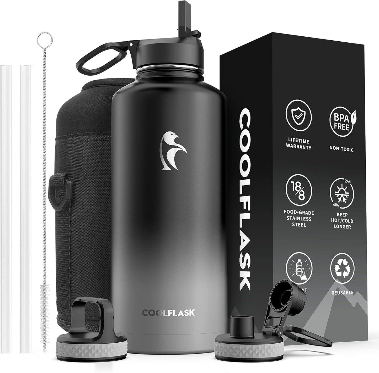 Half Gallon Water Bottle Insulated with Straw & 3 Lids, Coolflask 64 oz Water Jug Large Metal Stainless Steel Wide Mouth for Sports, Gym or Office, Non-BPA Keep Cold 48H Hot 24H, Samurai Cyan
