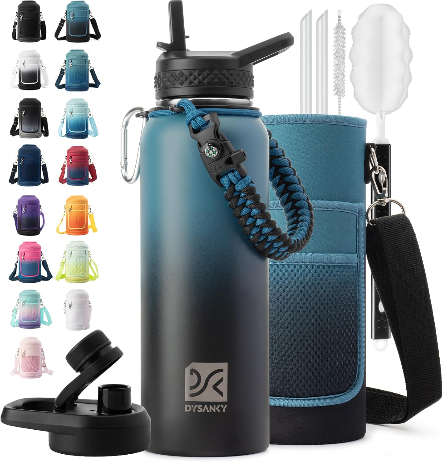 Insulated Water Bottle | Thickened Stainless Steel Vacuum Metal | Portable Sports Half Gallon Large Water Jug for Gym and Hiking with Straw, Carrier Bag, Handle Strap | BPA-Free 64 oz