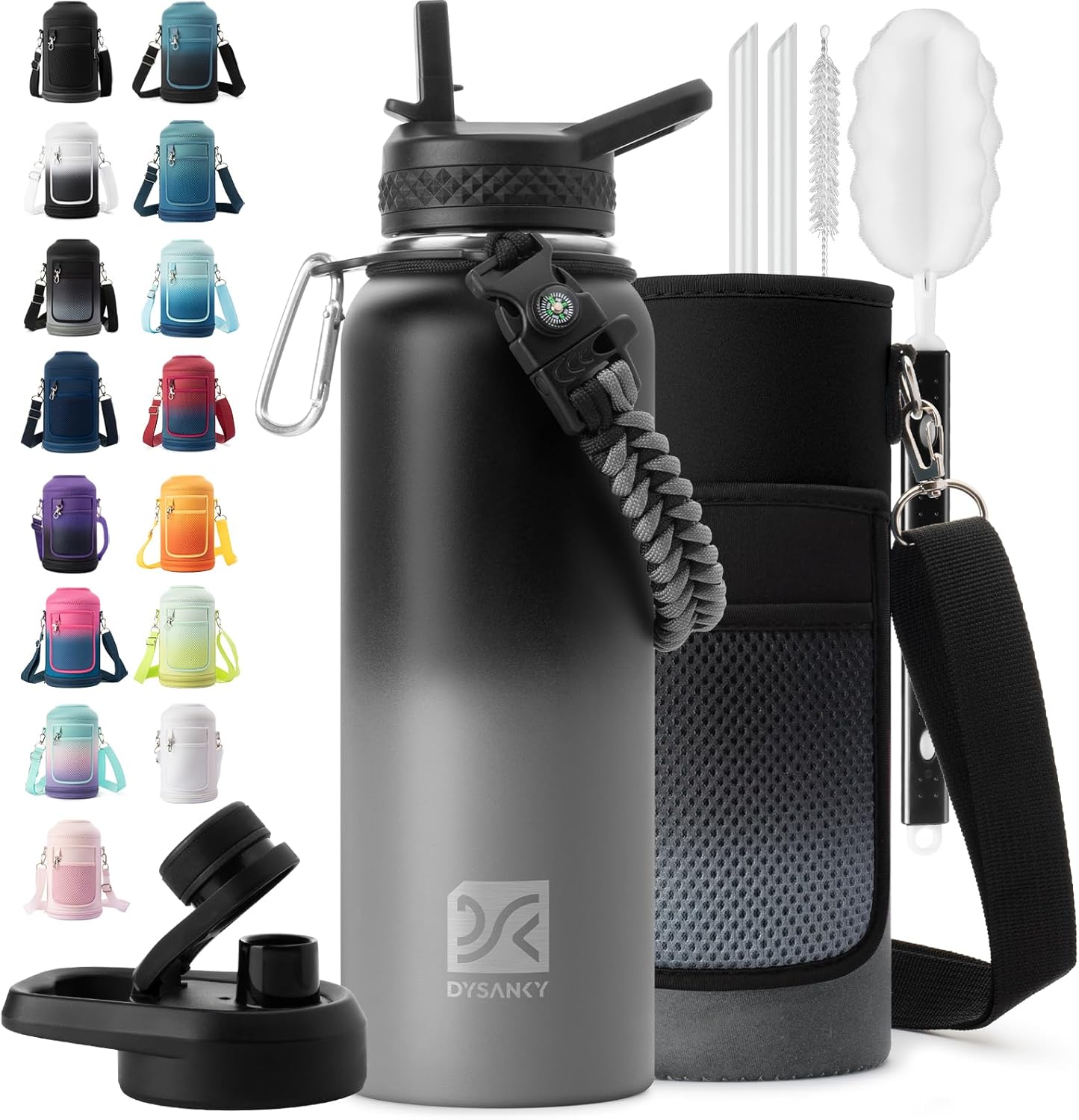 Insulated Water Bottle | Thickened Stainless Steel Vacuum Metal | Portable Sports Half Gallon Large Water Jug for Gym and Hiking with Straw, Carrier Bag, Handle Strap | BPA-Free 64 oz