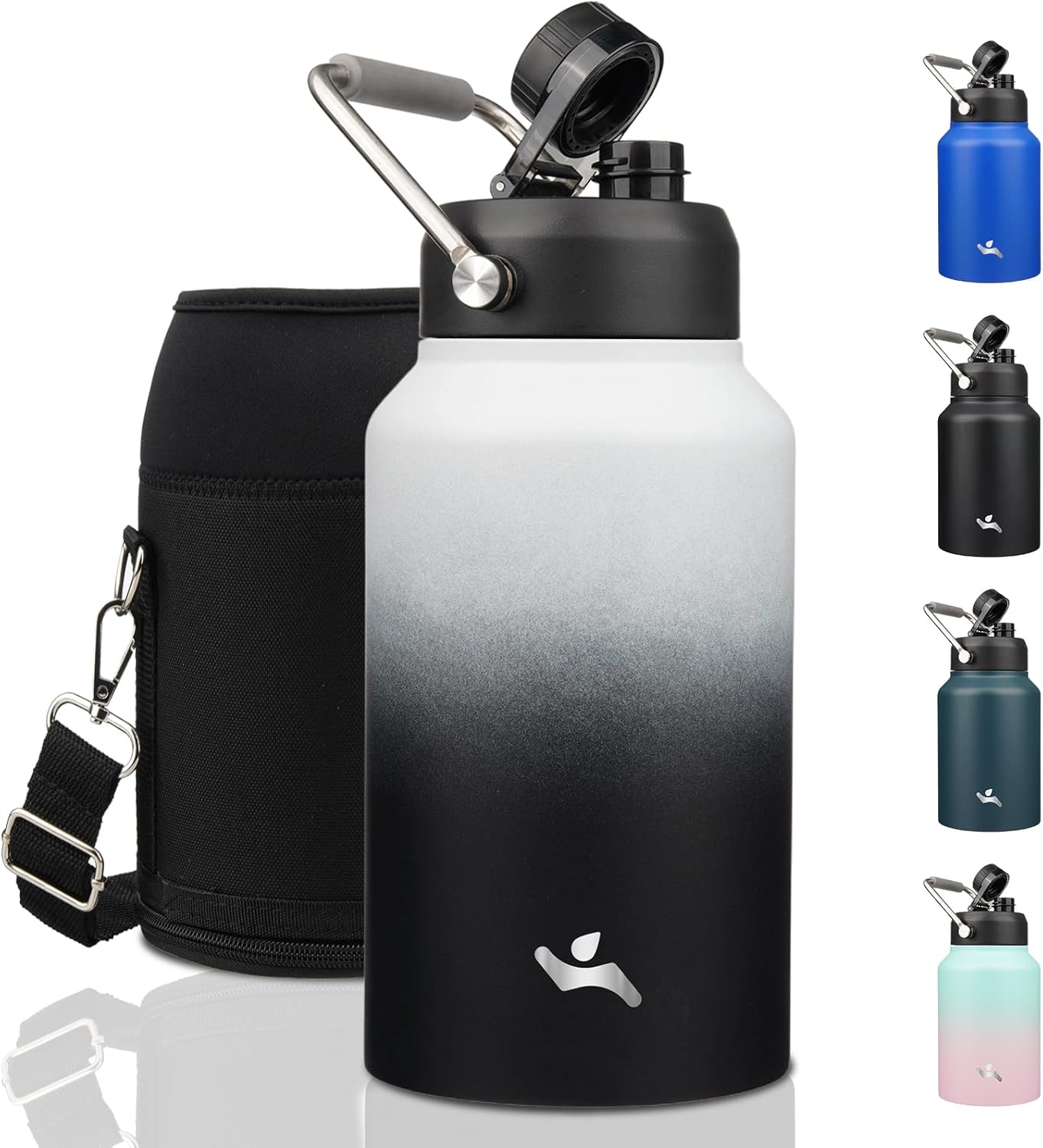 Half Gallon Jug with Handle,64 oz Insulated Water Bottle with Carrying Pouch,Double Wall Vacuum Stainless Steel Metal Bottle,Day Night