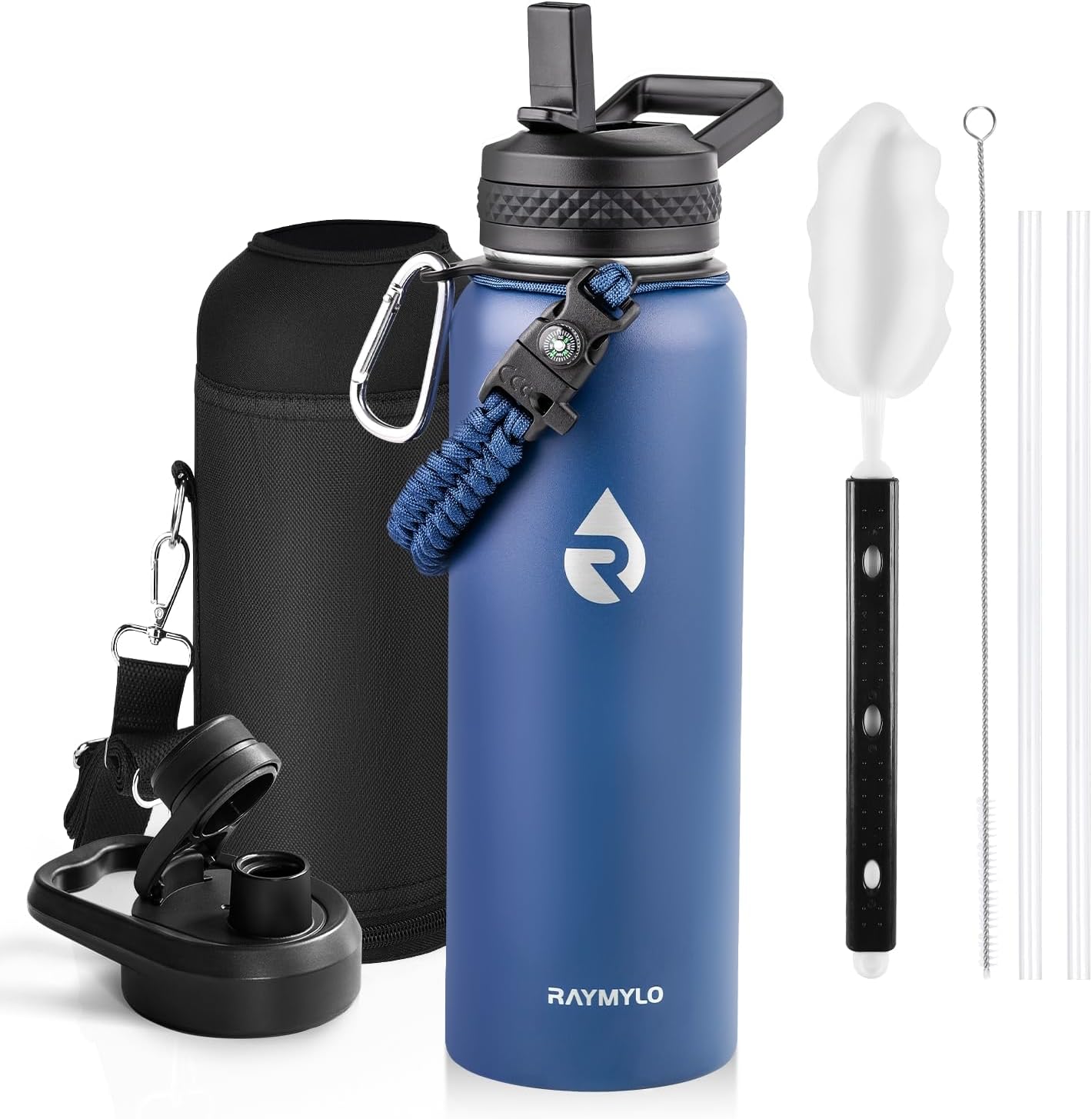 Insulated Water Bottle 40 oz, Triple Wall Vacuum Stainless Steel (Cold for 48 Hrs), Leak Proof & Non-BPA, Modern Water Flask Jug with Paracord Handle & Straw Spout Lids, Indigo/Black
