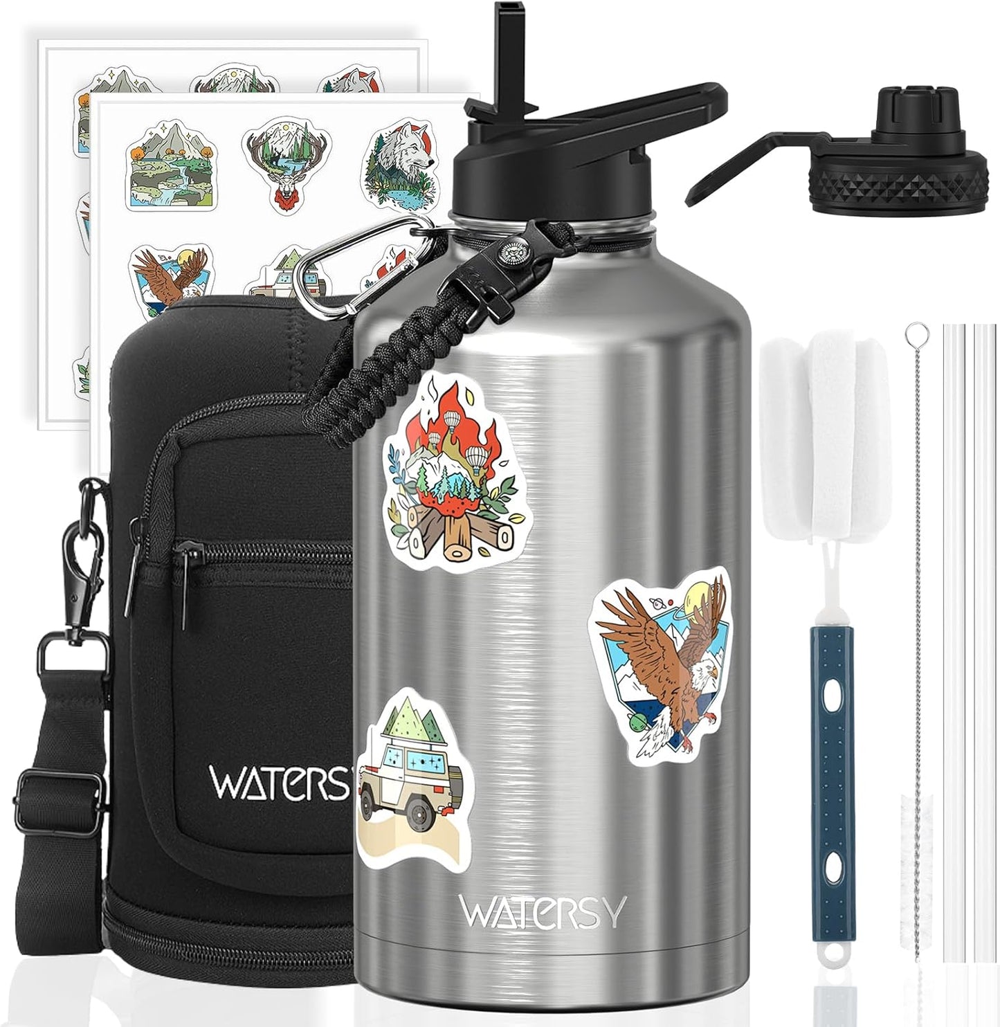 87oz Insulated Water Bottle (Cold for 48 Hrs),BPA Free&Leak Proof,1.5 Gallon Stainless Steel Water Flask,Water Jug with Straw Spout Lids for Gym,Hiking,Camping,Stainless