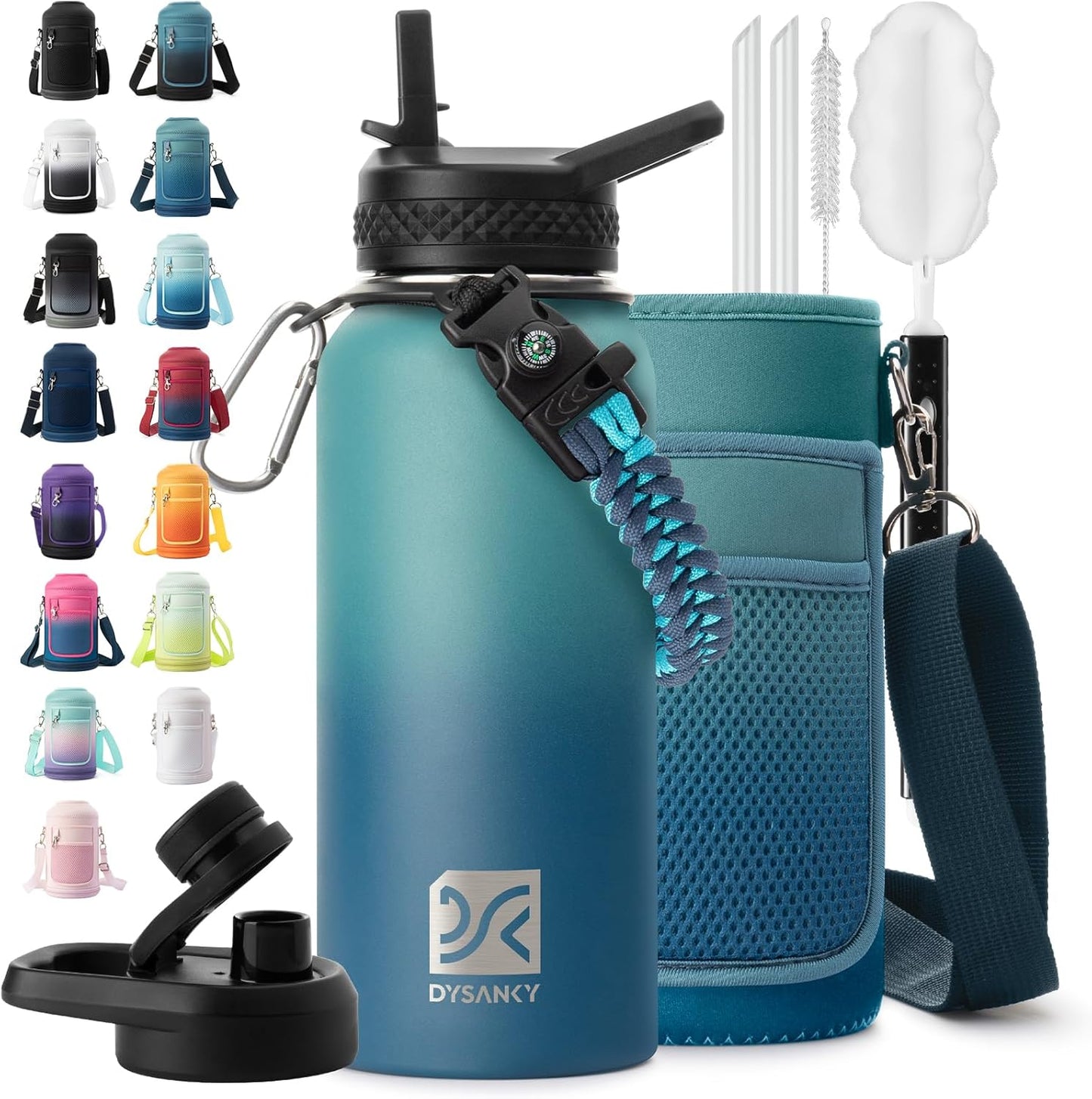 Insulated Water Bottle | Thickened Stainless Steel Vacuum Metal | Portable Sports Half Gallon Large Water Jug for Gym and Hiking with Straw, Carrier Bag, Handle Strap | BPA-Free 64 oz