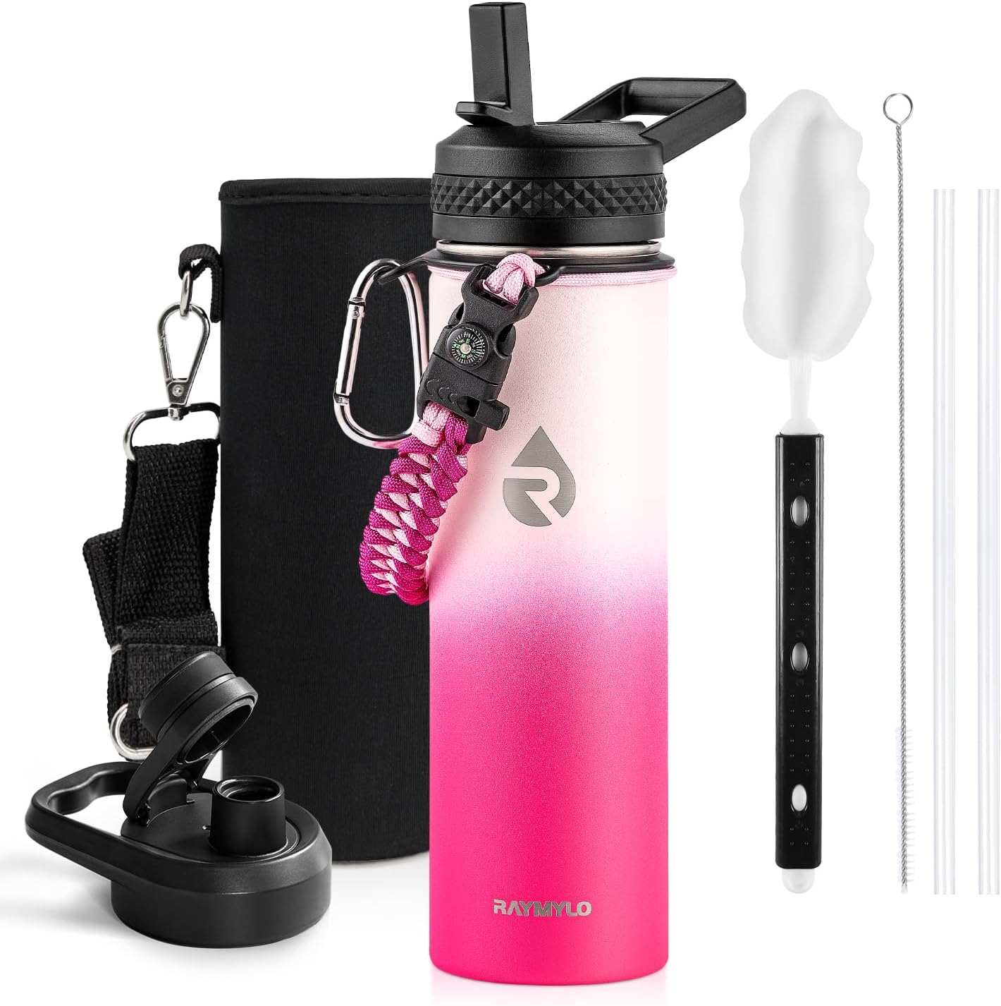 Insulated Water Bottle 40 oz, Triple Wall Vacuum Stainless Steel (Cold for 48 Hrs), Leak Proof & Non-BPA, Modern Water Flask Jug with Paracord Handle & Straw Spout Lids, Indigo/Black