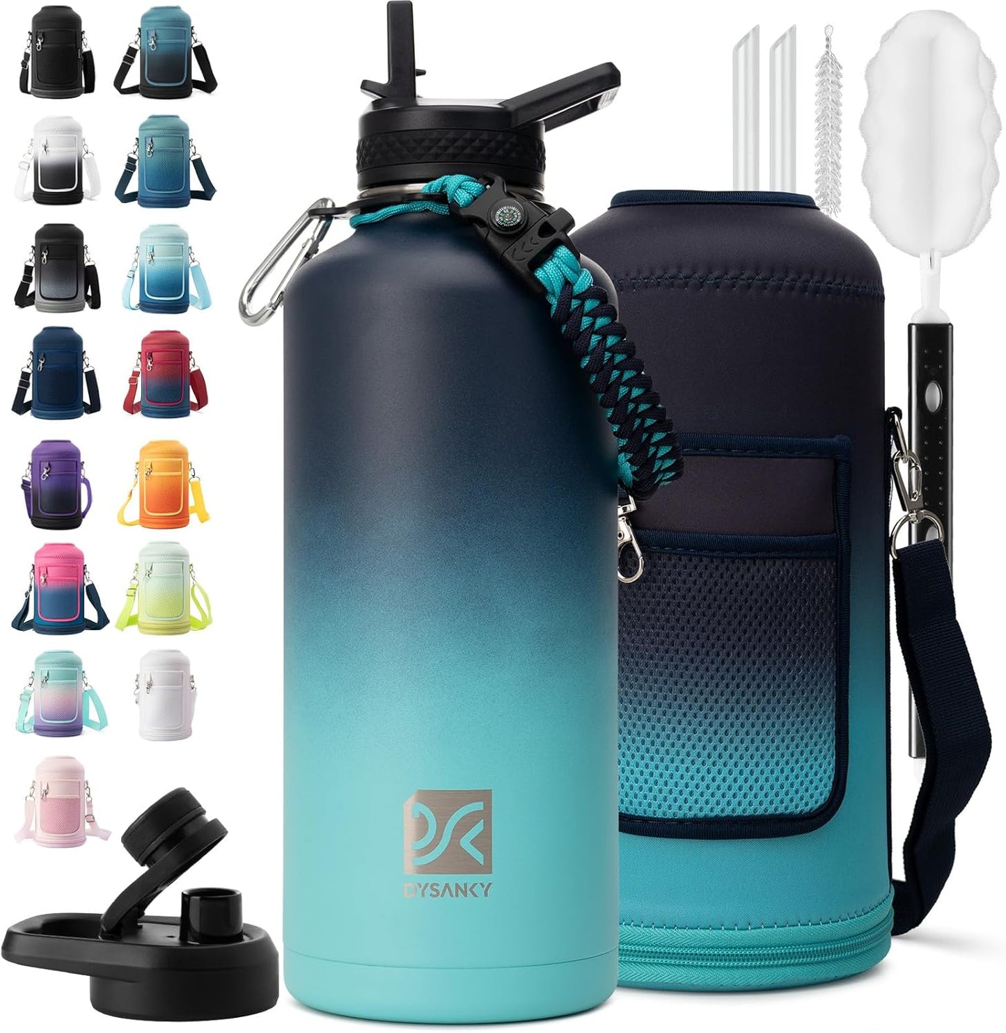 Insulated Water Bottle | Thickened Stainless Steel Vacuum Metal | Portable Sports Half Gallon Large Water Jug for Gym and Hiking with Straw, Carrier Bag, Handle Strap | BPA-Free 64 oz