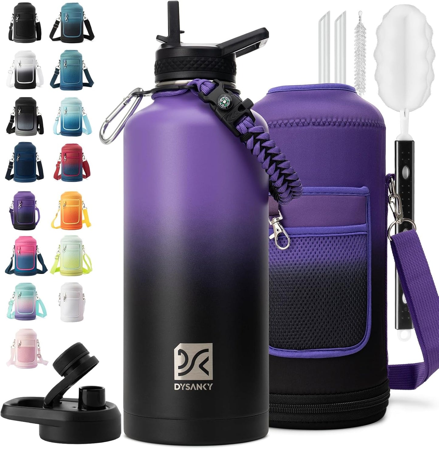 Insulated Water Bottle | Thickened Stainless Steel Vacuum Metal | Portable Sports Half Gallon Large Water Jug for Gym and Hiking with Straw, Carrier Bag, Handle Strap | BPA-Free 64 oz