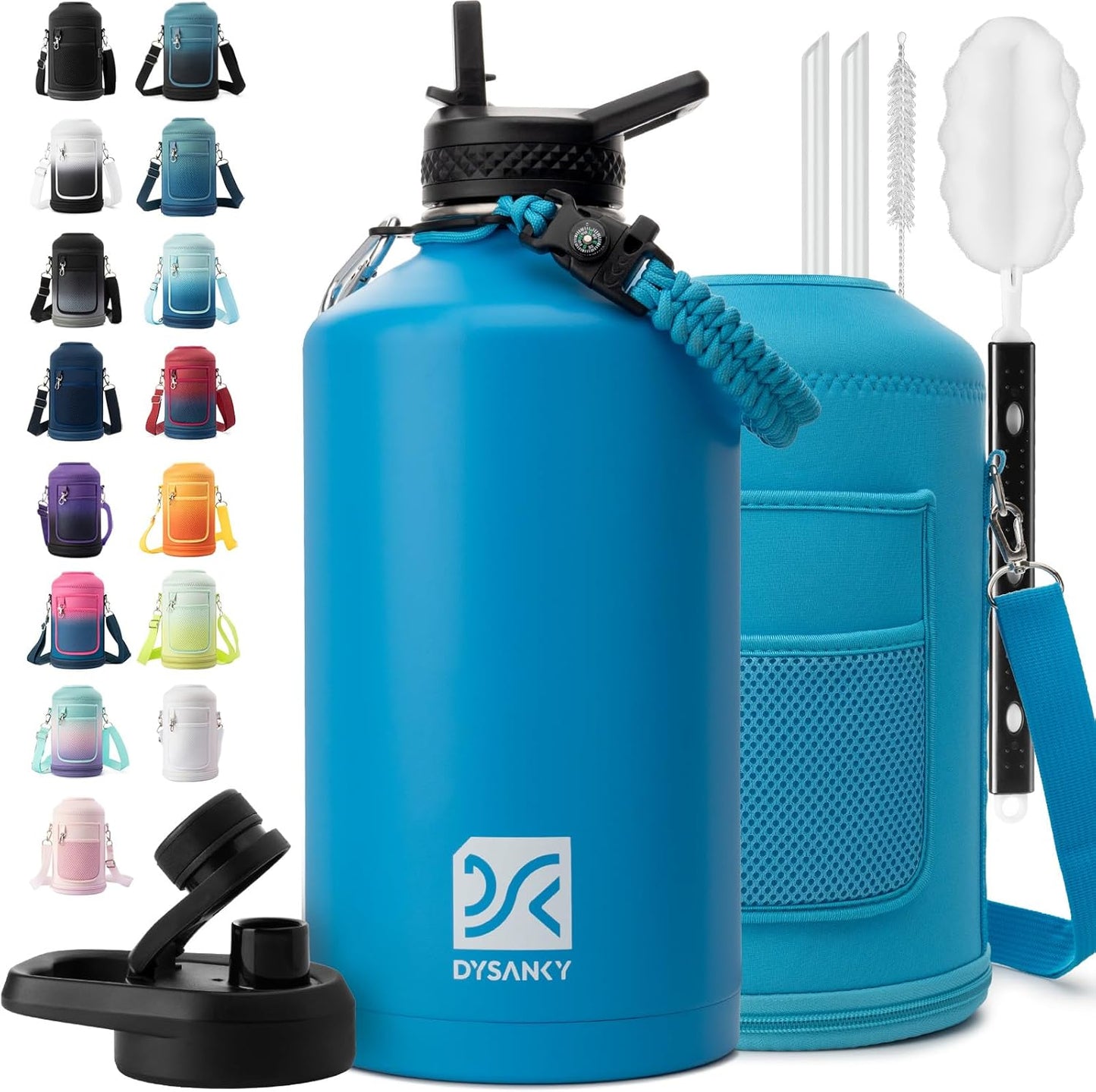 Insulated Water Bottle | Thickened Stainless Steel Vacuum Metal | Portable Sports Half Gallon Large Water Jug for Gym and Hiking with Straw, Carrier Bag, Handle Strap | BPA-Free 64 oz