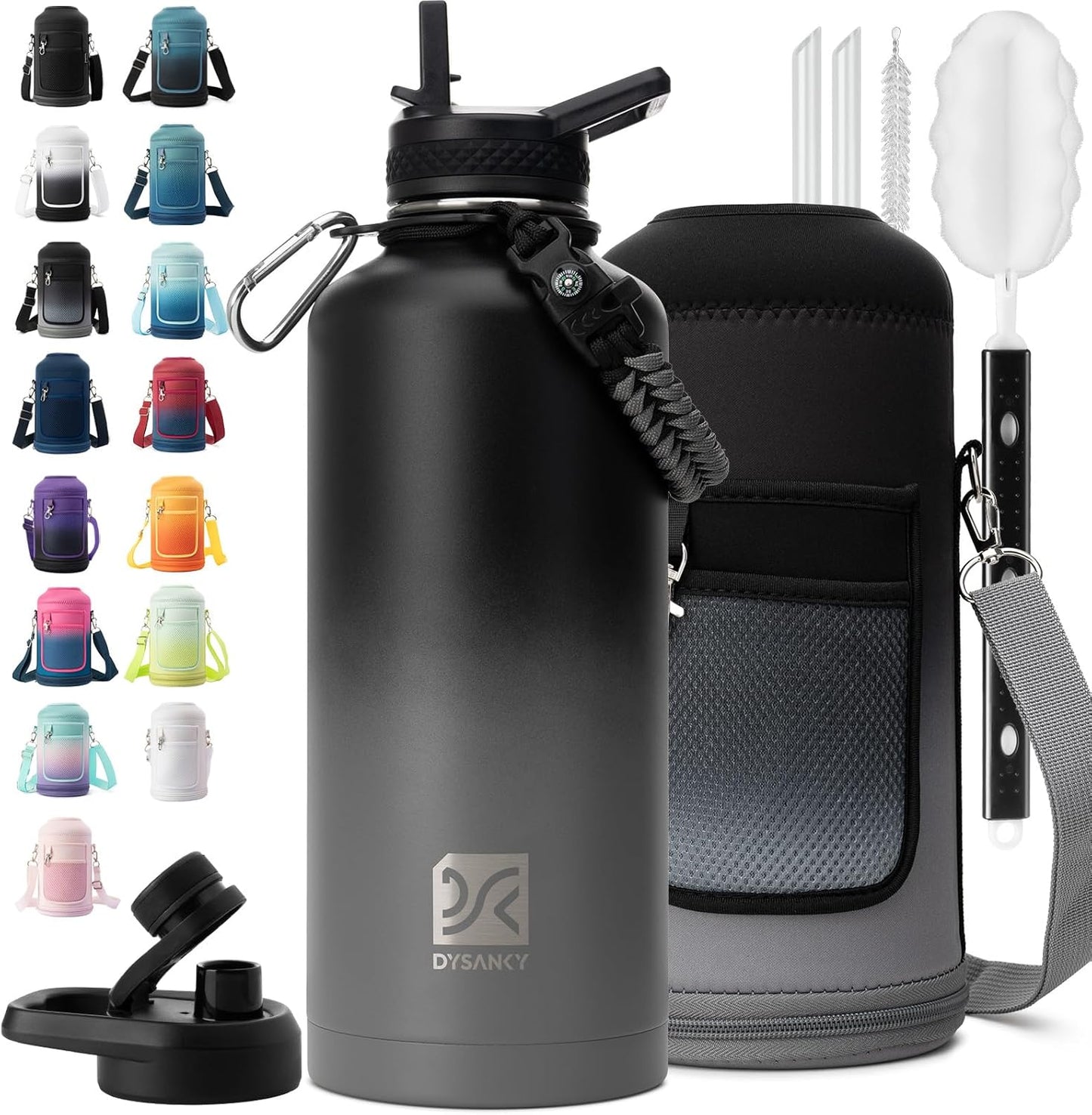 Insulated Water Bottle | Thickened Stainless Steel Vacuum Metal | Portable Sports Half Gallon Large Water Jug for Gym and Hiking with Straw, Carrier Bag, Handle Strap | BPA-Free 64 oz