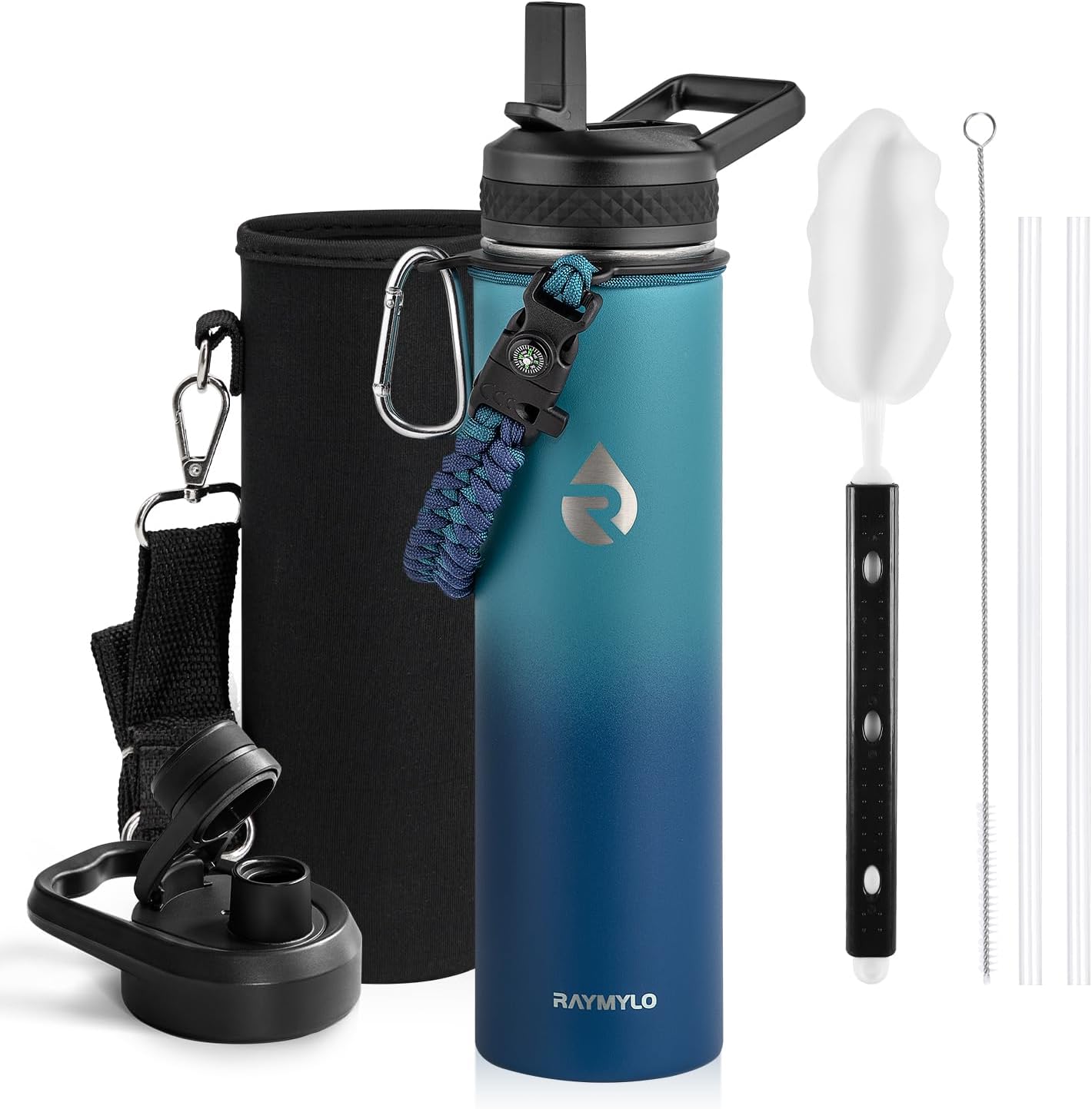 Insulated Water Bottle 40 oz, Triple Wall Vacuum Stainless Steel (Cold for 48 Hrs), Leak Proof & Non-BPA, Modern Water Flask Jug with Paracord Handle & Straw Spout Lids, Indigo/Black
