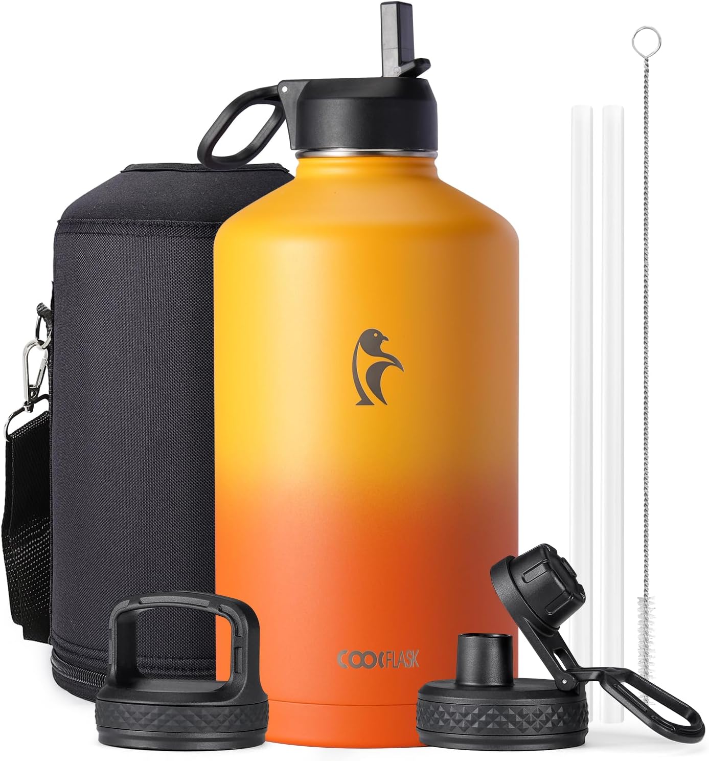 Half Gallon Water Bottle Insulated with Straw & 3 Lids, Coolflask 64 oz Water Jug Large Metal Stainless Steel Wide Mouth for Sports, Gym or Office, Non-BPA Keep Cold 48H Hot 24H, Samurai Cyan