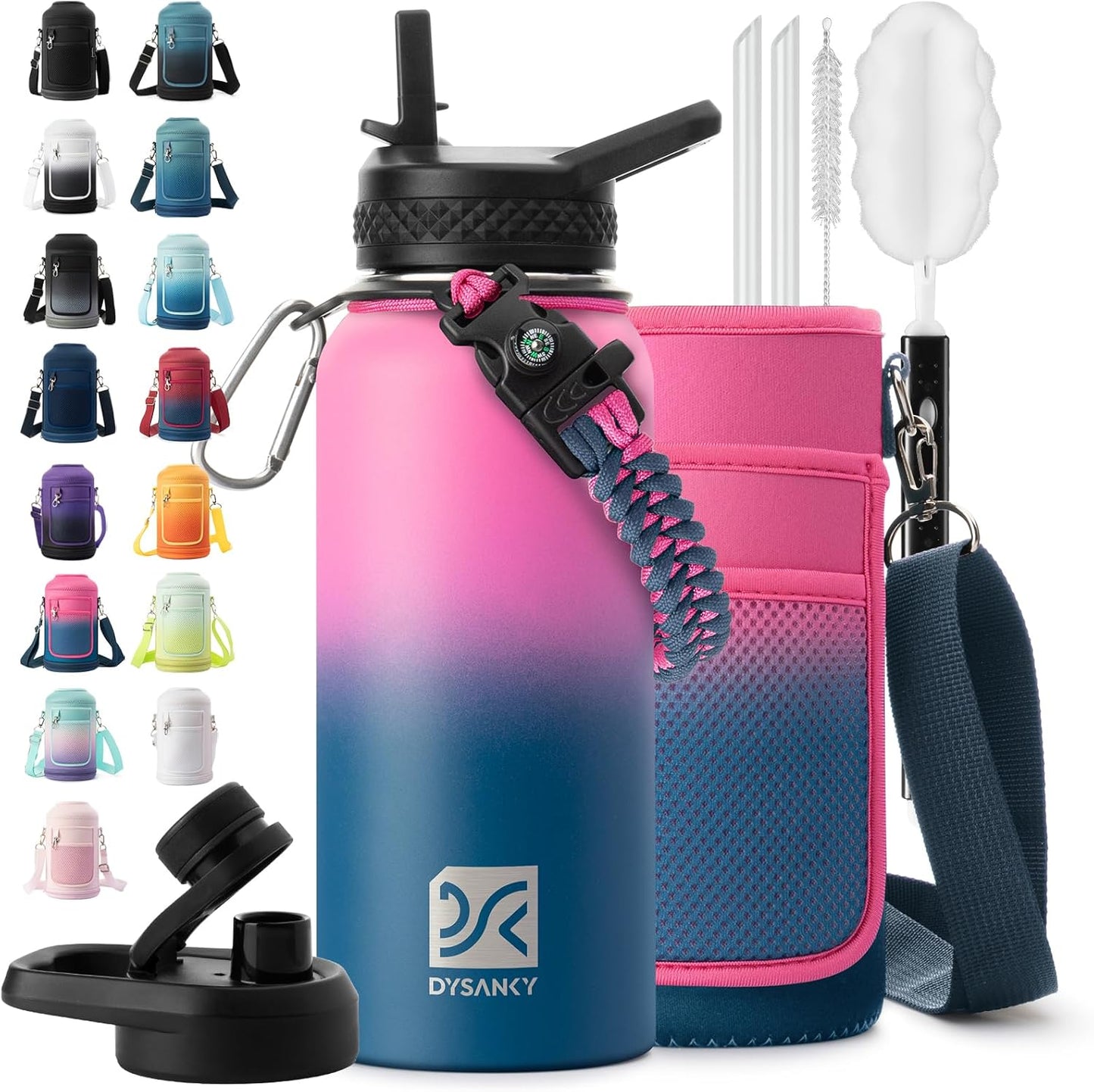 Insulated Water Bottle | Thickened Stainless Steel Vacuum Metal | Portable Sports Half Gallon Large Water Jug for Gym and Hiking with Straw, Carrier Bag, Handle Strap | BPA-Free 64 oz