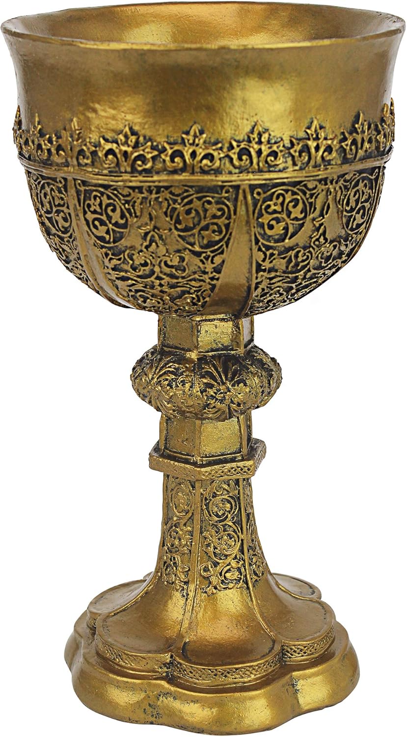 Design Toscano Golden Chalice King Arthur Statue Medieval Decor Decorative Gothic Goblet Sculpture, 9 Inch, Cast Stone Resin, Metallic Gold Finish