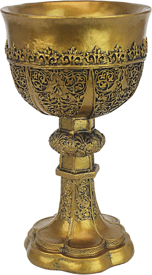 Design Toscano Golden Chalice King Arthur Statue Medieval Decor Decorative Gothic Goblet Sculpture, 9 Inch, Cast Stone Resin, Metallic Gold Finish
