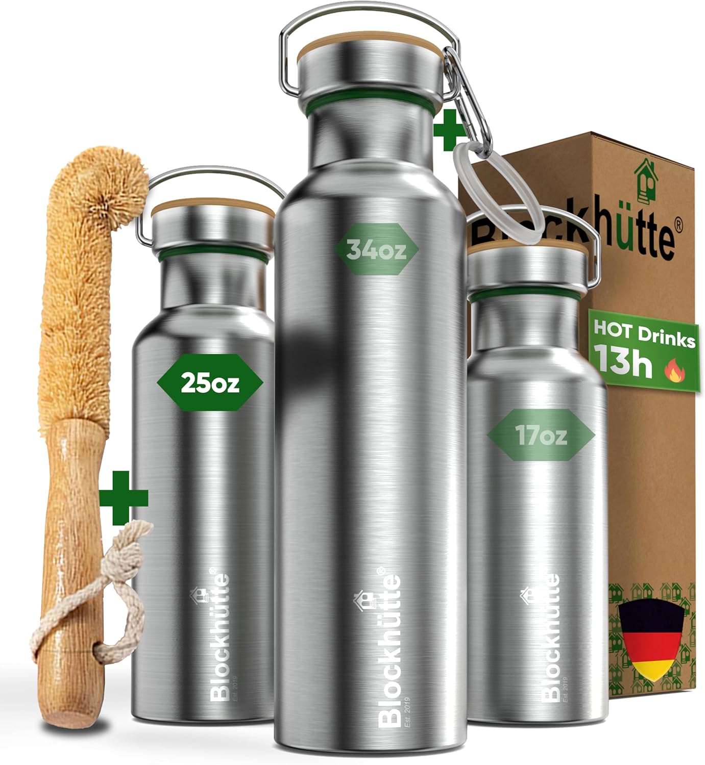 Blockhütte Vacuum Insulated Stainless Steel Water Bottle I 17 oz I Wide Mouth Metal Bottle for hot and cold drinks I BPA-Free I perfect for Travel, School I Kids, Adults, Water Canteen, Sports, flask