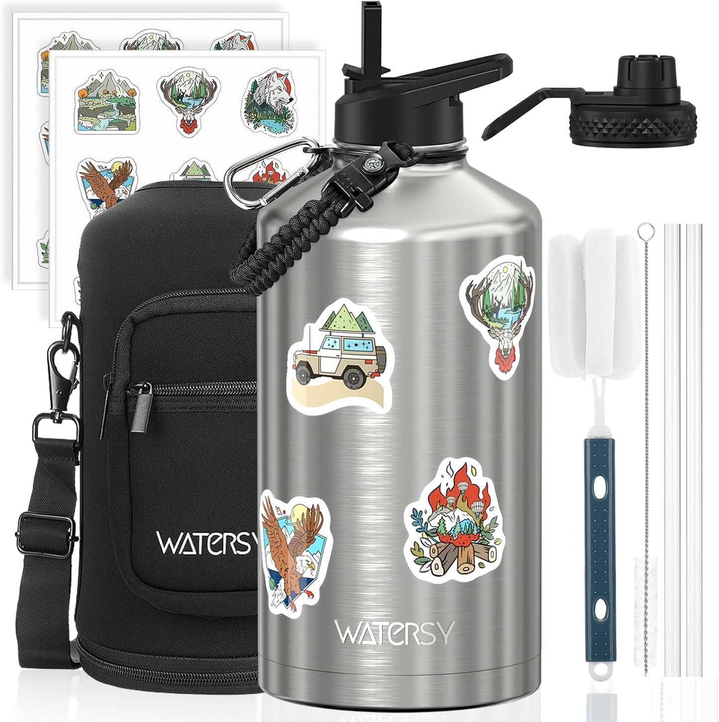 87oz Insulated Water Bottle (Cold for 48 Hrs),BPA Free&Leak Proof,1.5 Gallon Stainless Steel Water Flask,Water Jug with Straw Spout Lids for Gym,Hiking,Camping,Stainless