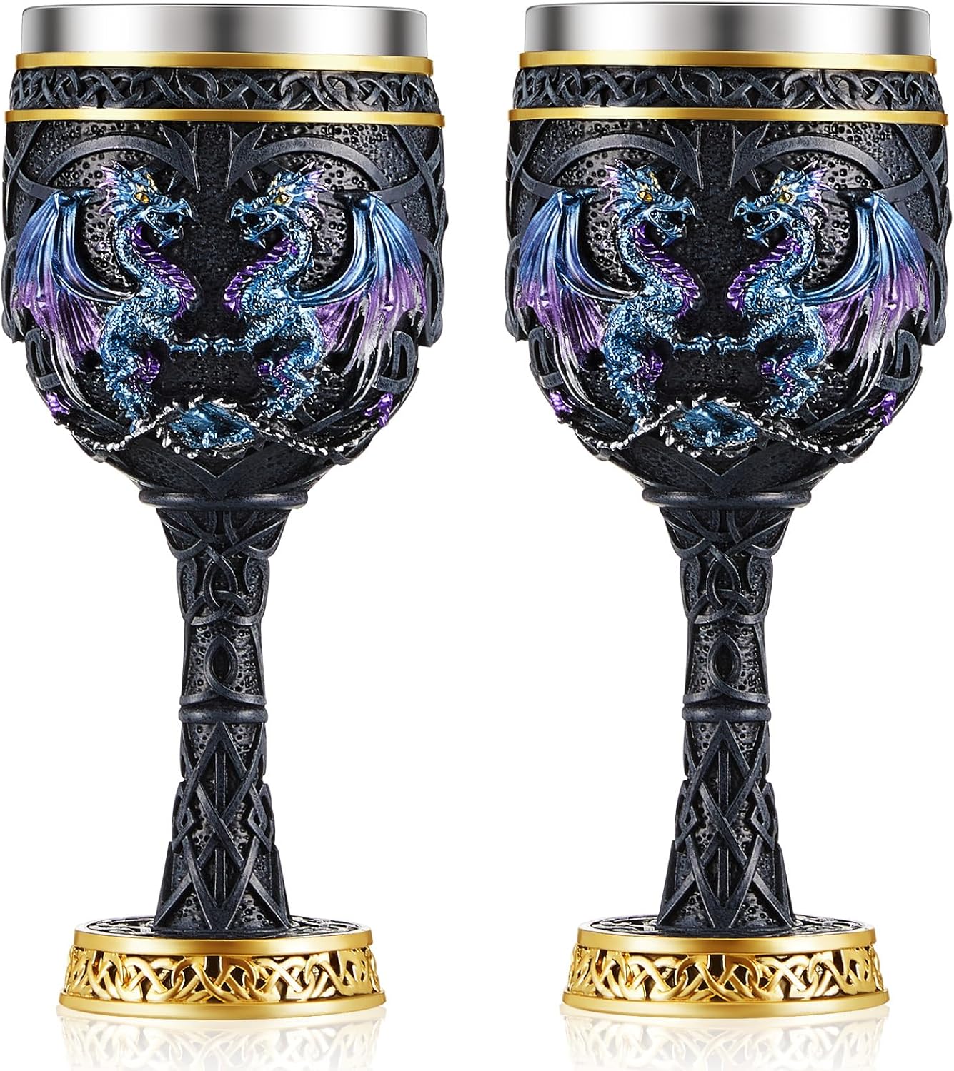 Jinei 2 Pcs Medieval Cups and Goblets Dragon Wine Goblet Chalice Goblet 7 oz Resin Dragon Cup Gothic Wine Glass Romantic Stainless Steel Drinking Cup for Medieval Party Decorations(Classic)