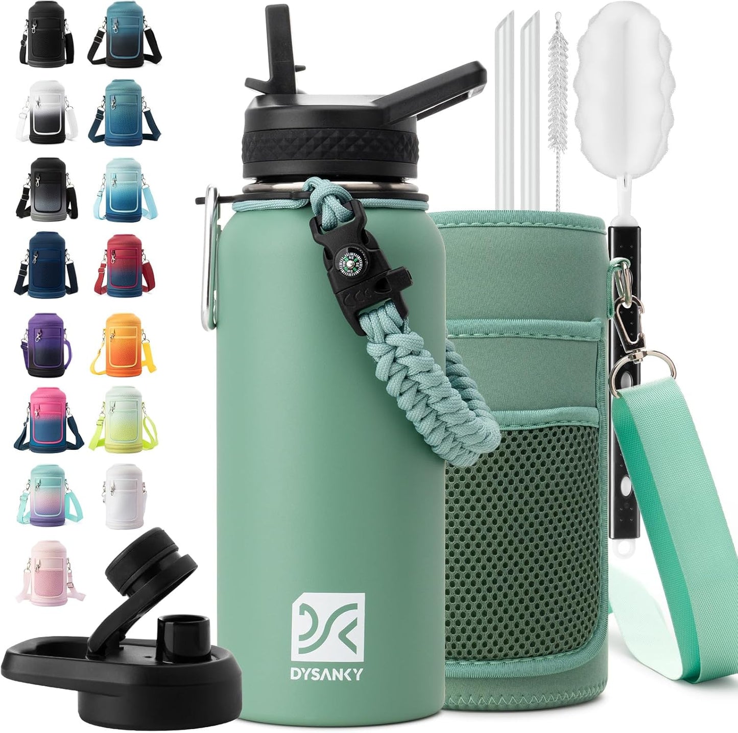 Insulated Water Bottle | Thickened Stainless Steel Vacuum Metal | Portable Sports Half Gallon Large Water Jug for Gym and Hiking with Straw, Carrier Bag, Handle Strap | BPA-Free 64 oz