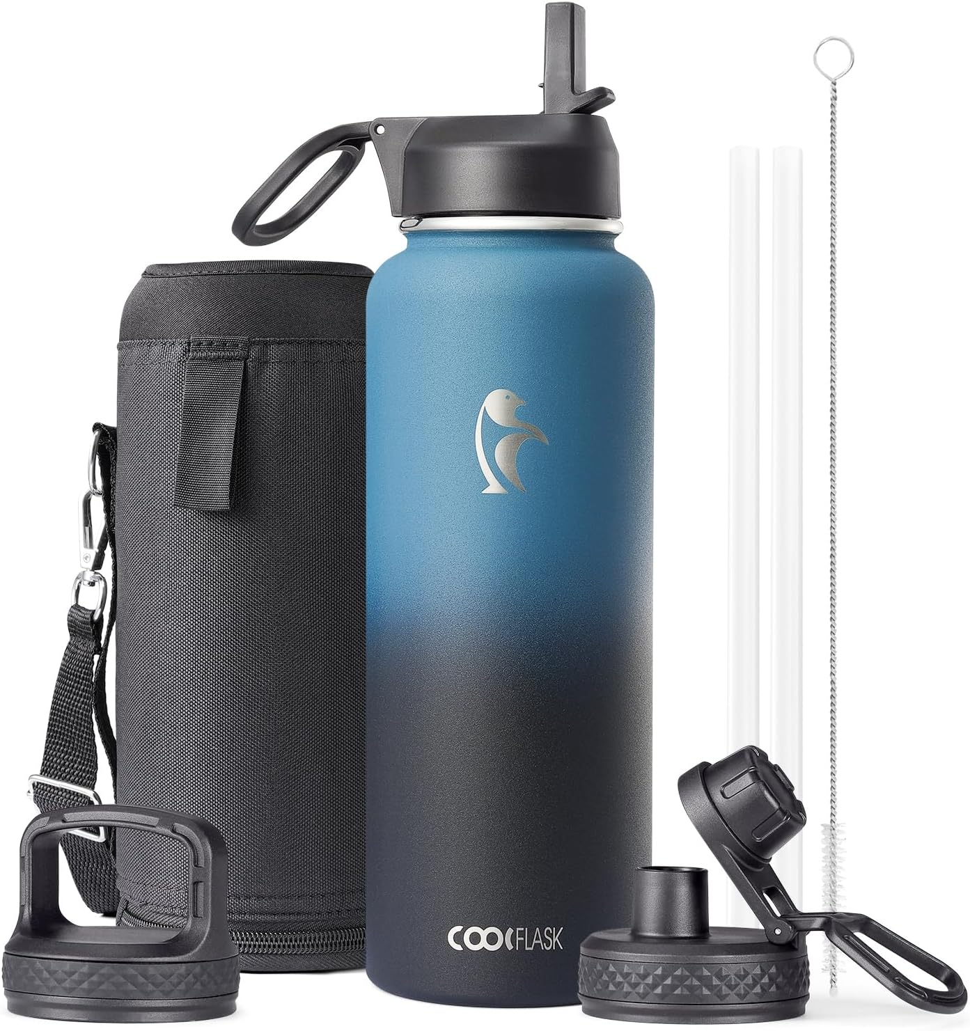 Half Gallon Water Bottle Insulated with Straw & 3 Lids, Coolflask 64 oz Water Jug Large Metal Stainless Steel Wide Mouth for Sports, Gym or Office, Non-BPA Keep Cold 48H Hot 24H, Samurai Cyan