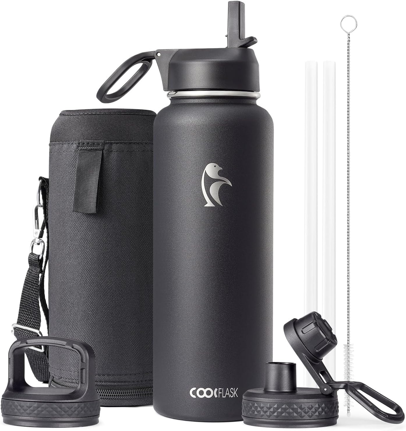Half Gallon Water Bottle Insulated with Straw & 3 Lids, Coolflask 64 oz Water Jug Large Metal Stainless Steel Wide Mouth for Sports, Gym or Office, Non-BPA Keep Cold 48H Hot 24H, Samurai Cyan