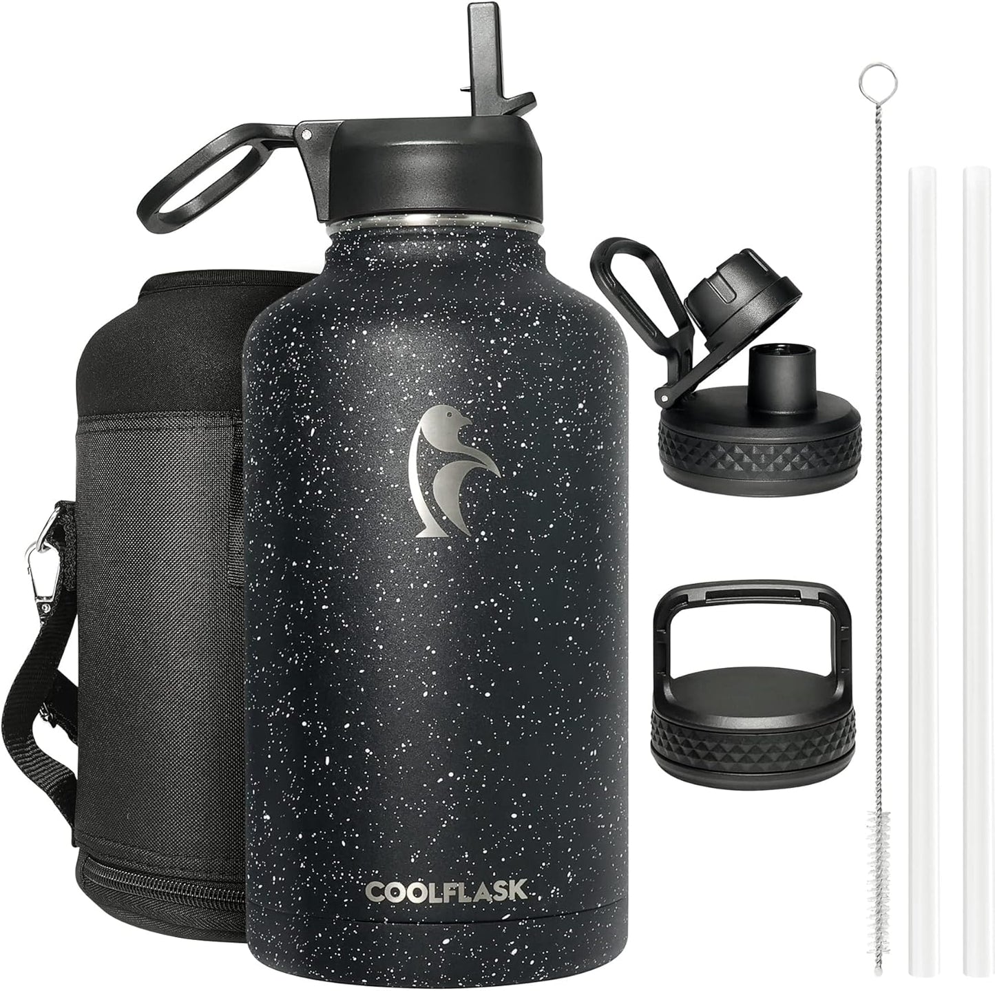 Half Gallon Water Bottle Insulated with Straw & 3 Lids, Coolflask 64 oz Water Jug Large Metal Stainless Steel Wide Mouth for Sports, Gym or Office, Non-BPA Keep Cold 48H Hot 24H, Samurai Cyan