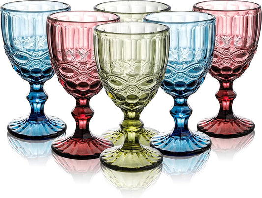 Youeon Set of 6 Colored Wine Goblets, 10 Oz Wine Glasses Set with Embossed Pattern, Colored Wine Glasses Vintage Glassware for Party, Wedding, Bar, Wine, Juice, Beverage, 3 Colors