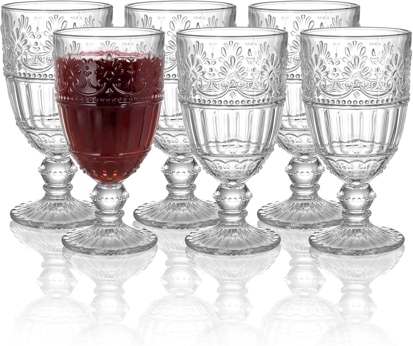 AVLA 6 Pack Glass Goblet, 12 OZ Vintage Wine Glassware, Romantic Wedding Glass Set, Drinking Stemware Beverage Cups for Party, Bar, Champagne, Juice, Beer, Cocktail, Embossed Design