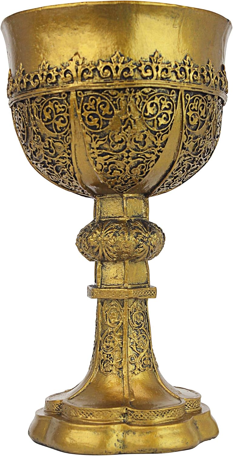 Design Toscano Golden Chalice King Arthur Statue Medieval Decor Decorative Gothic Goblet Sculpture, 9 Inch, Cast Stone Resin, Metallic Gold Finish