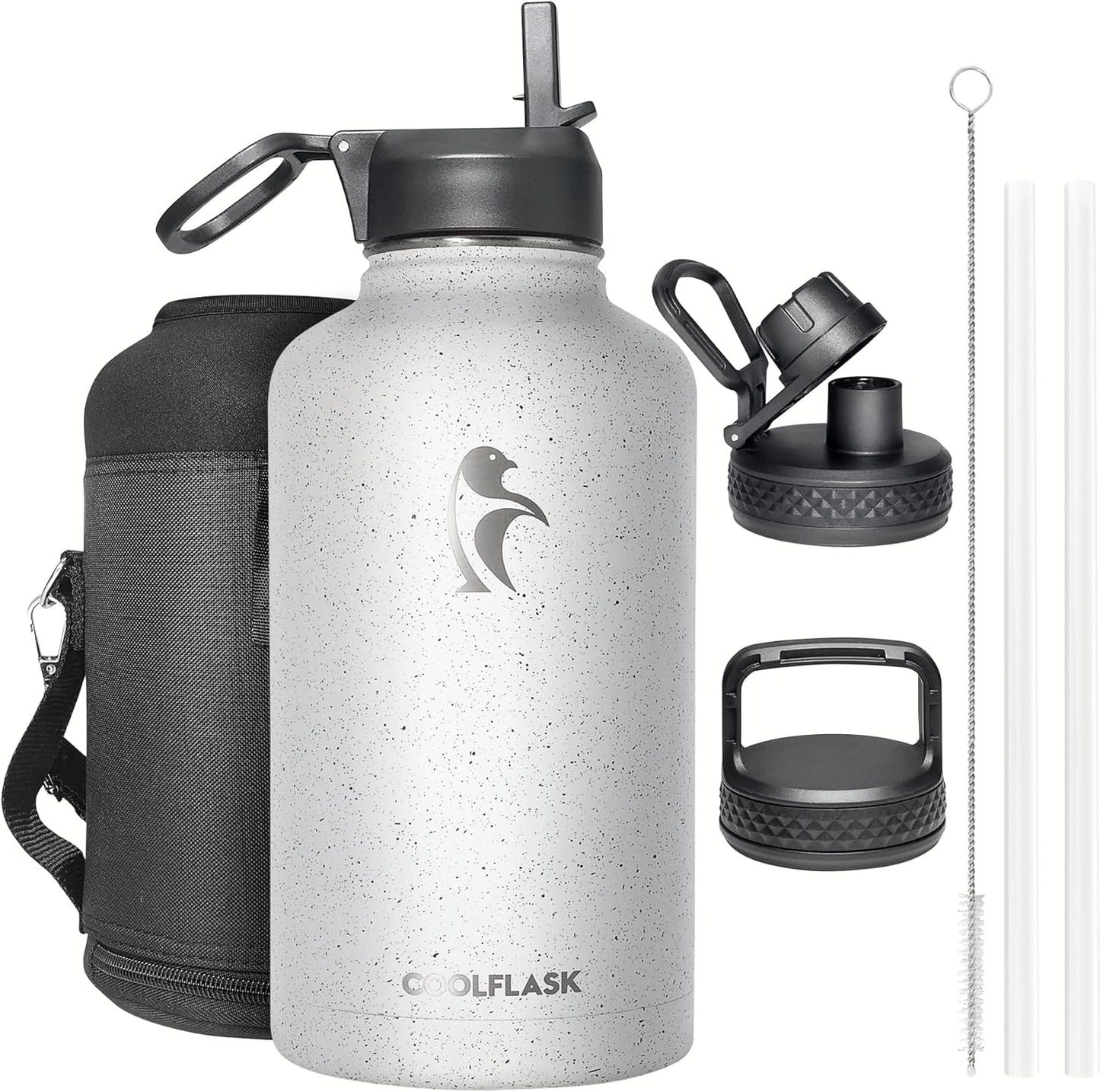 Half Gallon Water Bottle Insulated with Straw & 3 Lids, Coolflask 64 oz Water Jug Large Metal Stainless Steel Wide Mouth for Sports, Gym or Office, Non-BPA Keep Cold 48H Hot 24H, Samurai Cyan