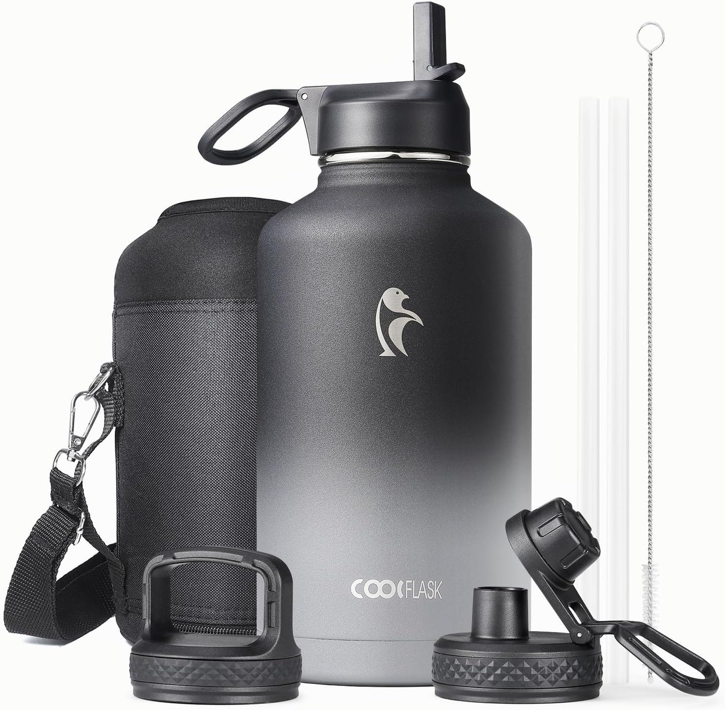 Half Gallon Water Bottle Insulated with Straw & 3 Lids, Coolflask 64 oz Water Jug Large Metal Stainless Steel Wide Mouth for Sports, Gym or Office, Non-BPA Keep Cold 48H Hot 24H, Samurai Cyan