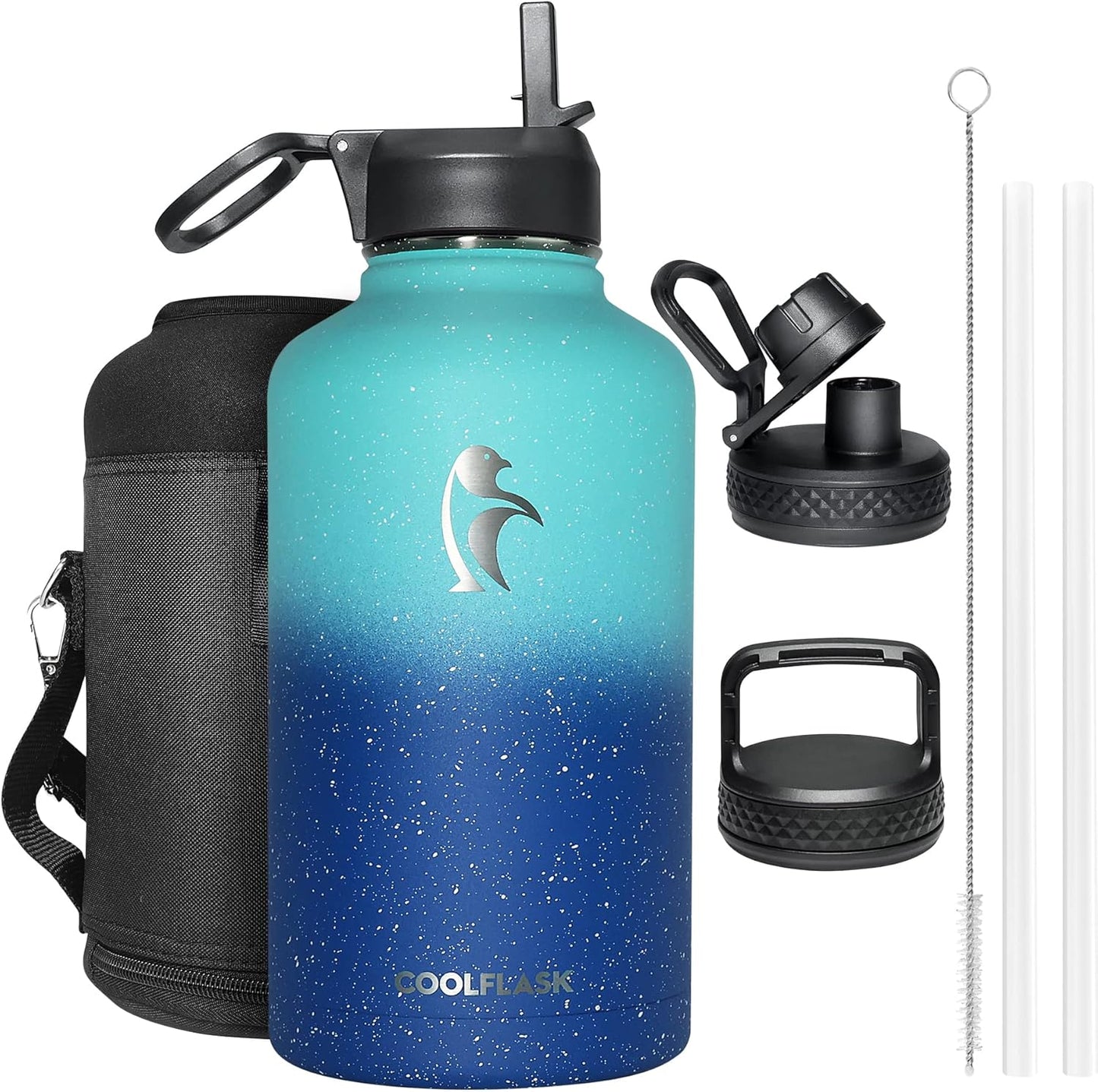 Half Gallon Water Bottle Insulated with Straw & 3 Lids, Coolflask 64 oz Water Jug Large Metal Stainless Steel Wide Mouth for Sports, Gym or Office, Non-BPA Keep Cold 48H Hot 24H, Samurai Cyan