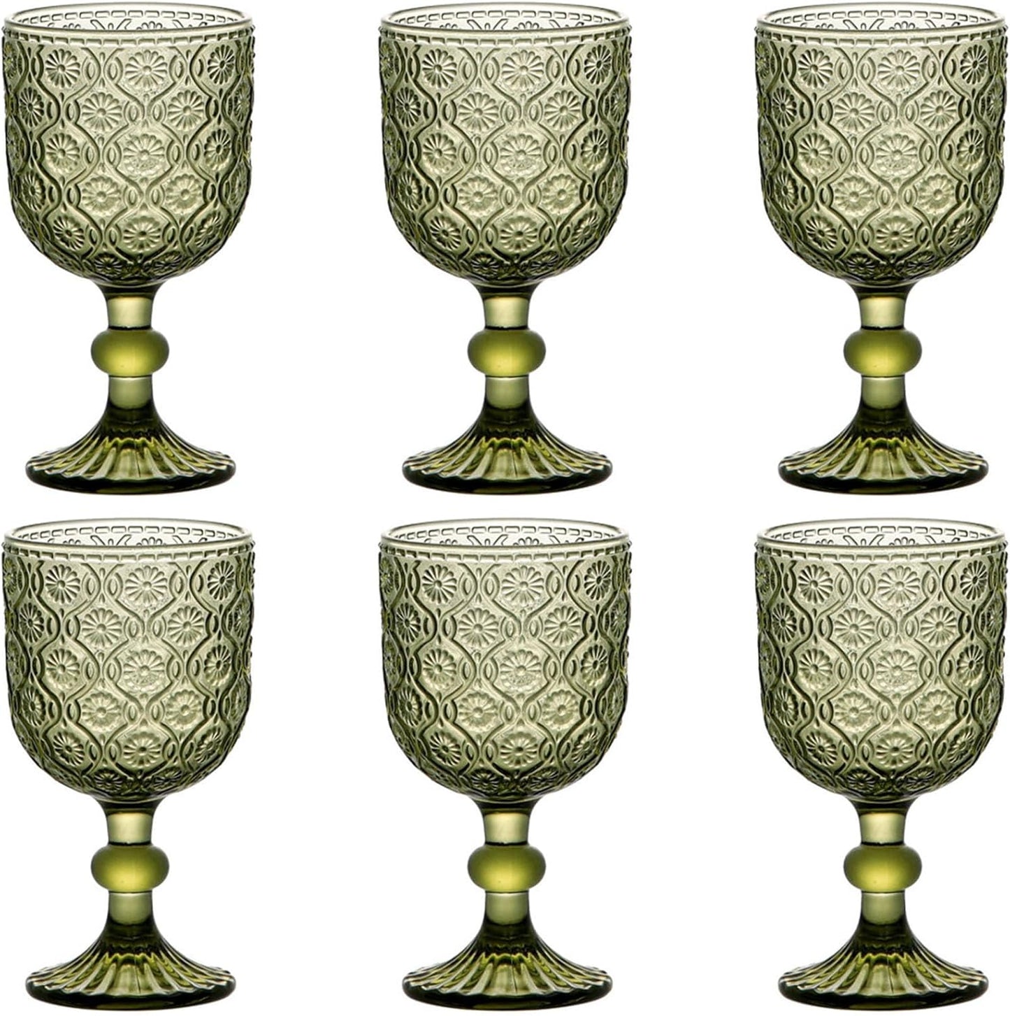 Green Glasses Drinking Wine Water Goblets Glassware set of 6 Vintage Stemware 12 Ounces for Wedding Party Bar Floral Pattern 350 ml