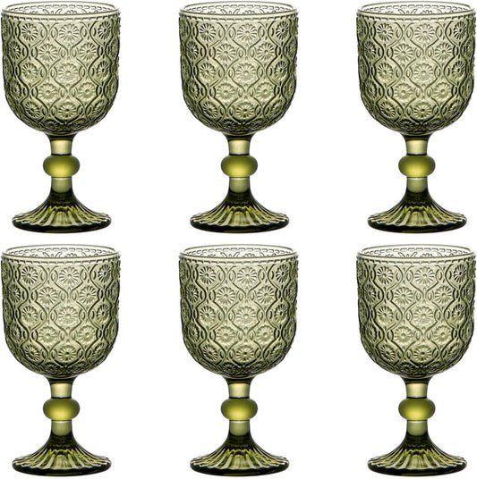 Green Glasses Drinking Wine Water Goblets Glassware set of 6 Vintage Stemware 12 Ounces for Wedding Party Bar Floral Pattern 350 ml
