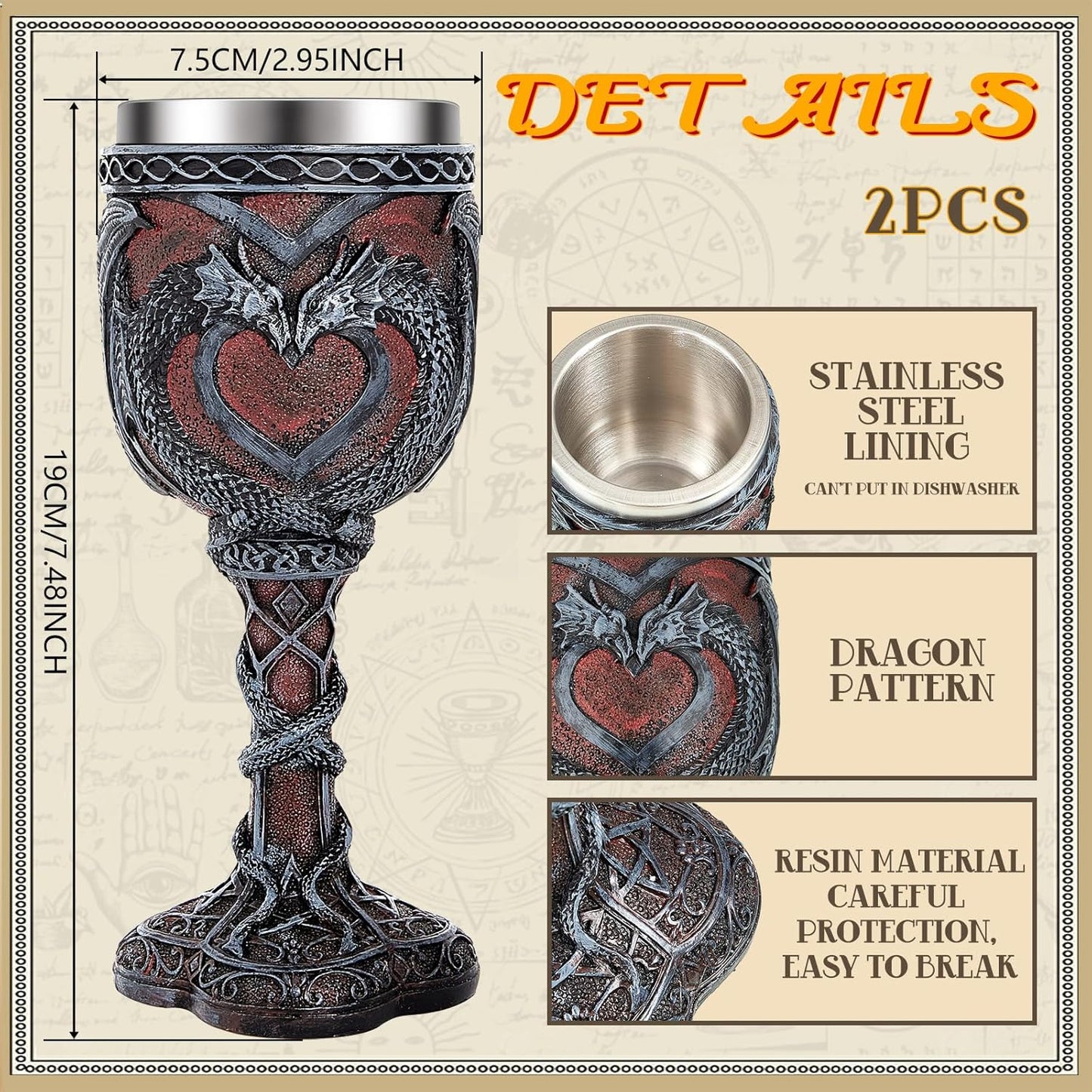 Jinei 2 Pcs Medieval Cups and Goblets Dragon Wine Goblet Chalice Goblet 7 oz Resin Dragon Cup Gothic Wine Glass Romantic Stainless Steel Drinking Cup for Medieval Party Decorations(Classic)