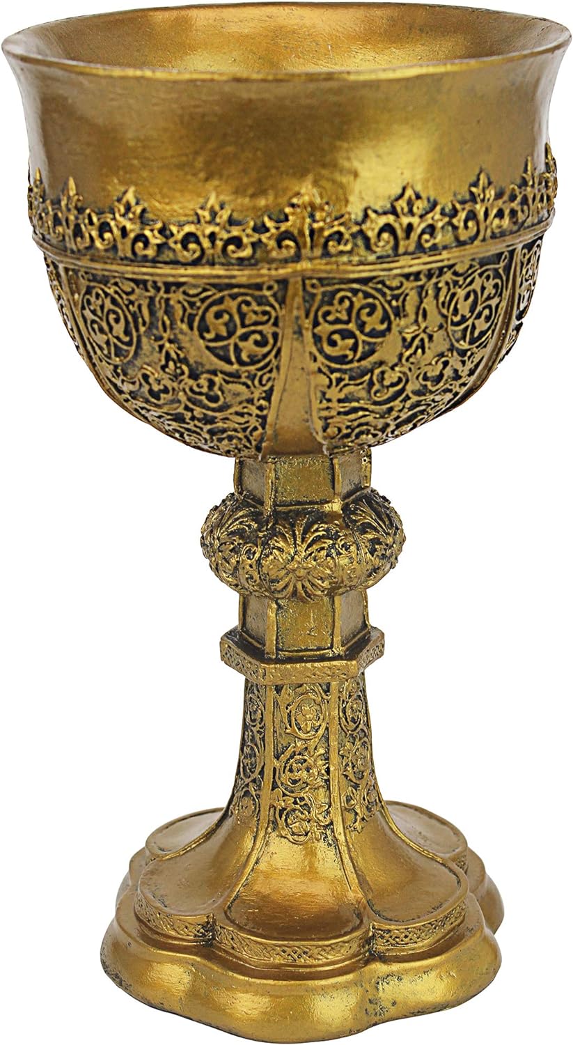 Design Toscano Golden Chalice King Arthur Statue Medieval Decor Decorative Gothic Goblet Sculpture, 9 Inch, Cast Stone Resin, Metallic Gold Finish