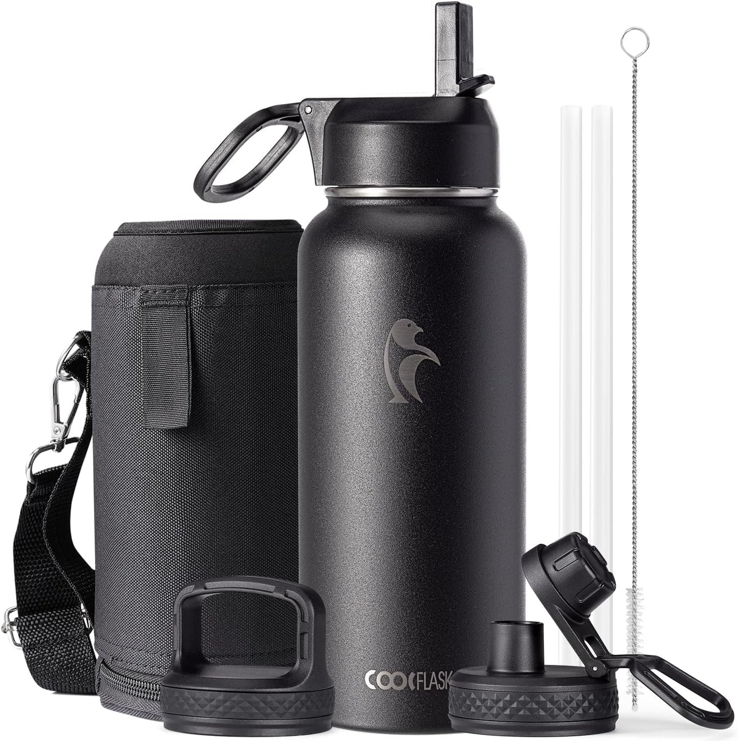 Half Gallon Water Bottle Insulated with Straw & 3 Lids, Coolflask 64 oz Water Jug Large Metal Stainless Steel Wide Mouth for Sports, Gym or Office, Non-BPA Keep Cold 48H Hot 24H, Samurai Cyan