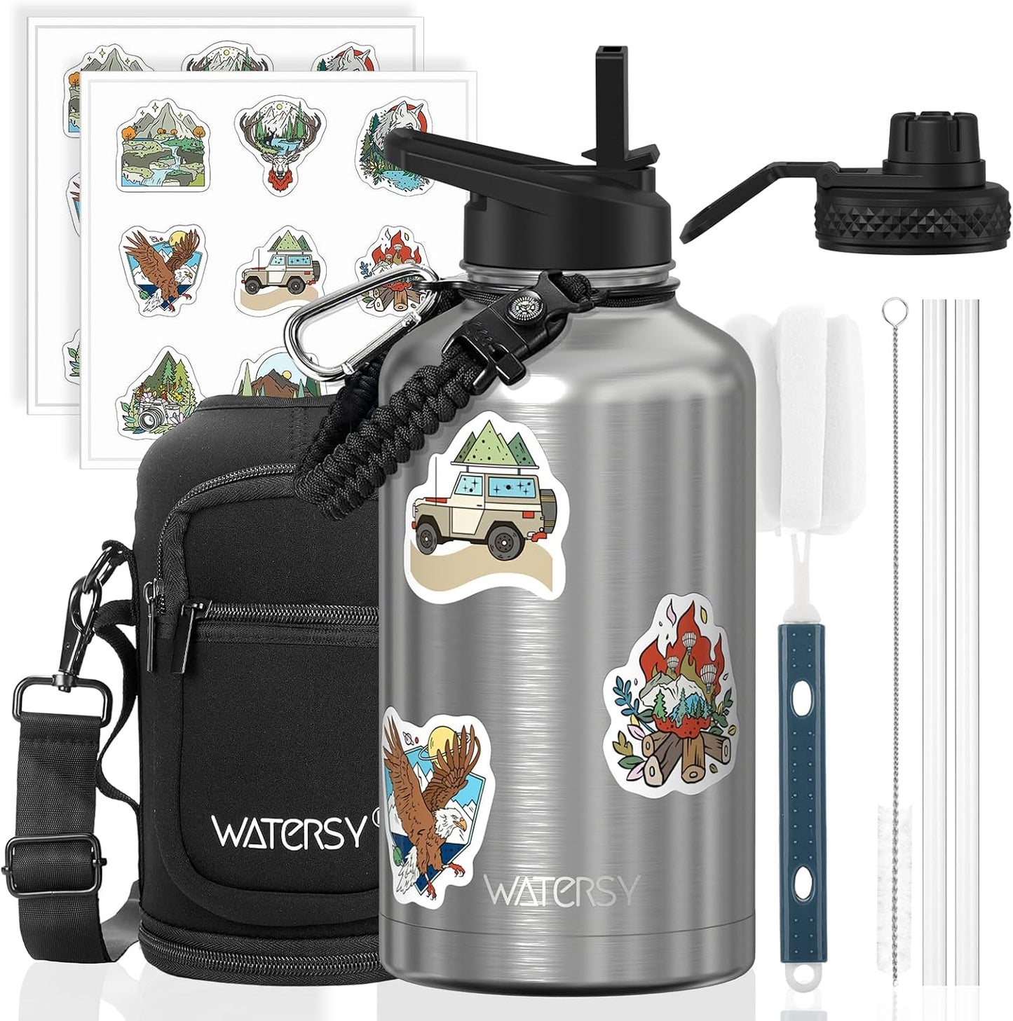 87oz Insulated Water Bottle (Cold for 48 Hrs),BPA Free&Leak Proof,1.5 Gallon Stainless Steel Water Flask,Water Jug with Straw Spout Lids for Gym,Hiking,Camping,Stainless