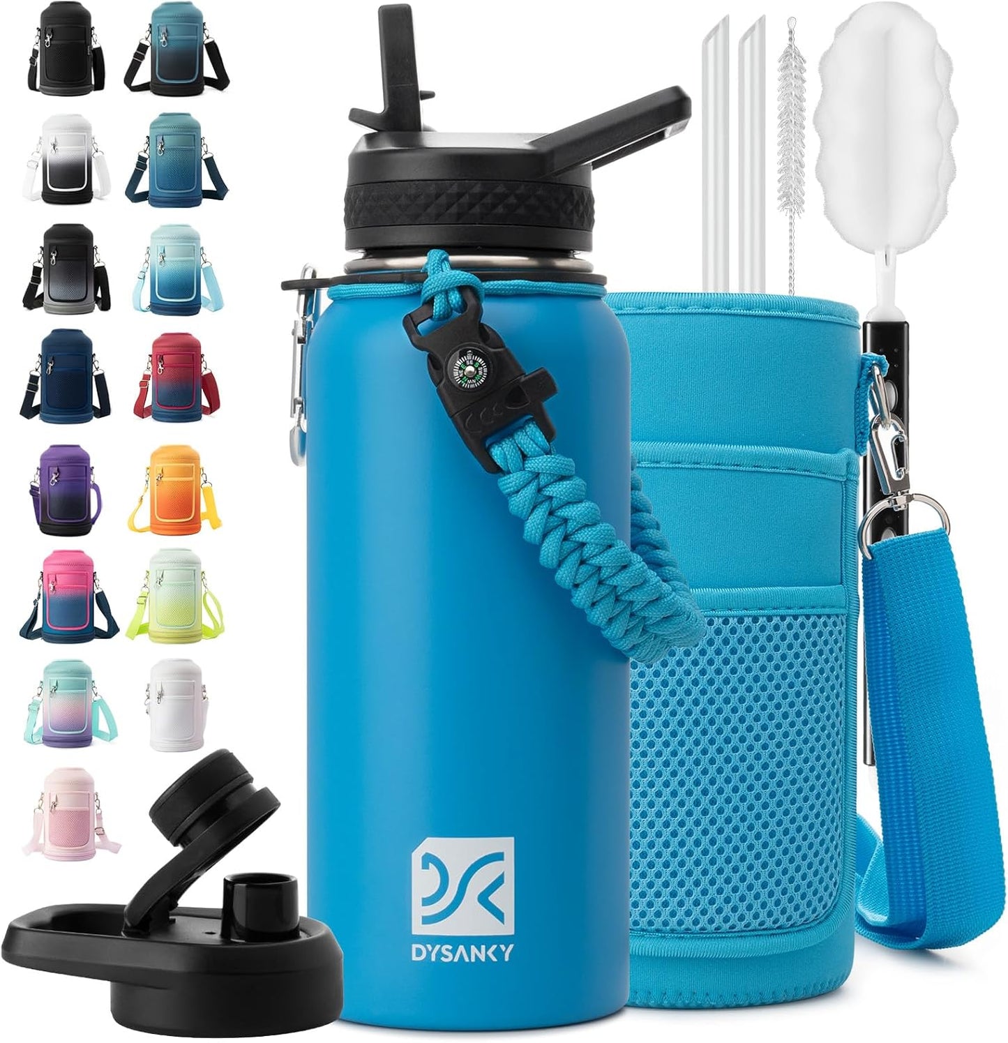 Insulated Water Bottle | Thickened Stainless Steel Vacuum Metal | Portable Sports Half Gallon Large Water Jug for Gym and Hiking with Straw, Carrier Bag, Handle Strap | BPA-Free 64 oz