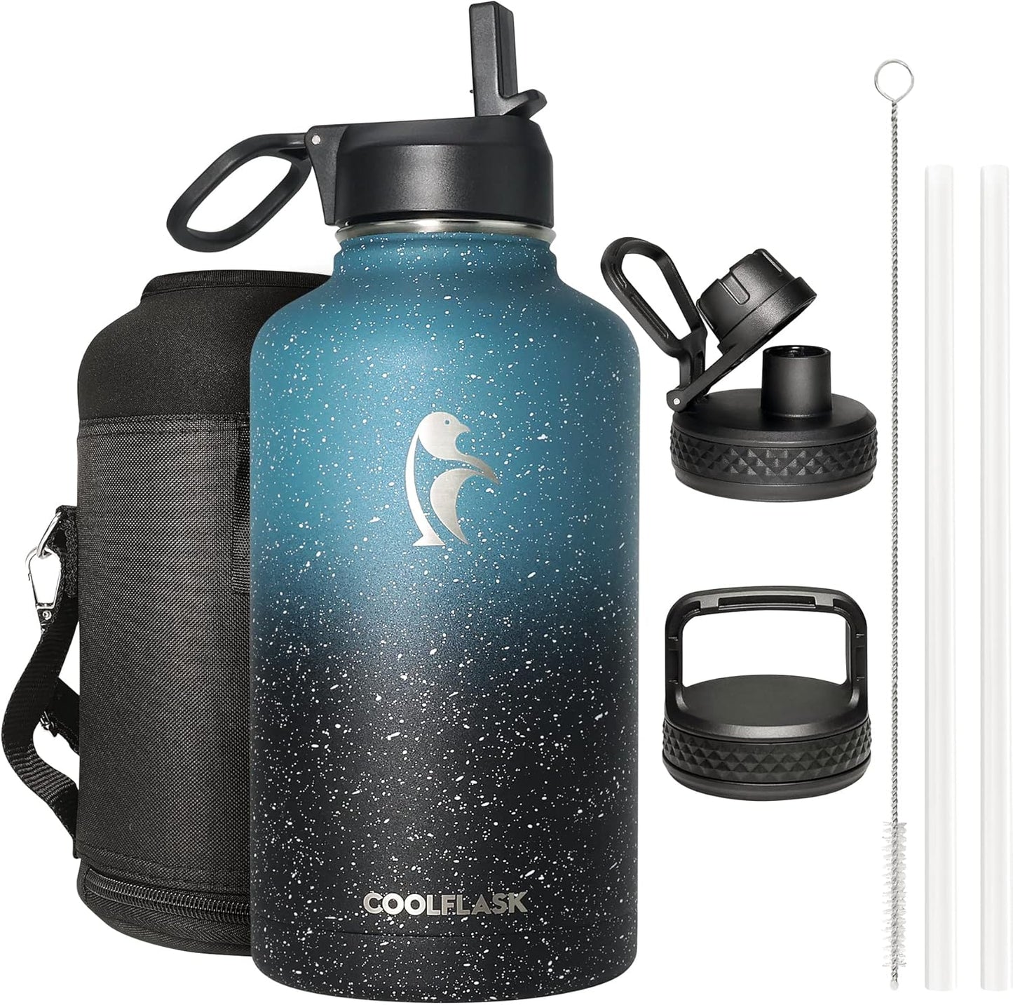 Half Gallon Water Bottle Insulated with Straw & 3 Lids, Coolflask 64 oz Water Jug Large Metal Stainless Steel Wide Mouth for Sports, Gym or Office, Non-BPA Keep Cold 48H Hot 24H, Samurai Cyan