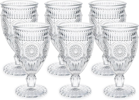 Kingrol Vintage Goblet Glasses Set of 6, 10 oz Heavy-Duty Pressed Glass Water or Wine Glasses with Ornate Design for Dining, Daily Use or Party Display