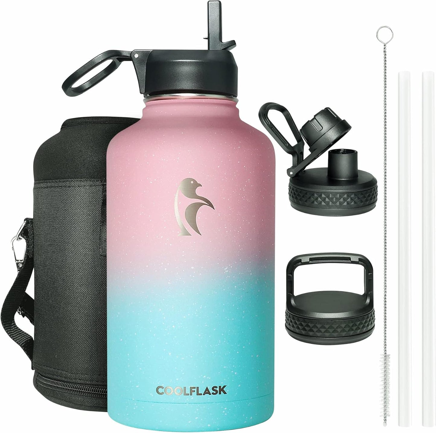 Half Gallon Water Bottle Insulated with Straw & 3 Lids, Coolflask 64 oz Water Jug Large Metal Stainless Steel Wide Mouth for Sports, Gym or Office, Non-BPA Keep Cold 48H Hot 24H, Samurai Cyan