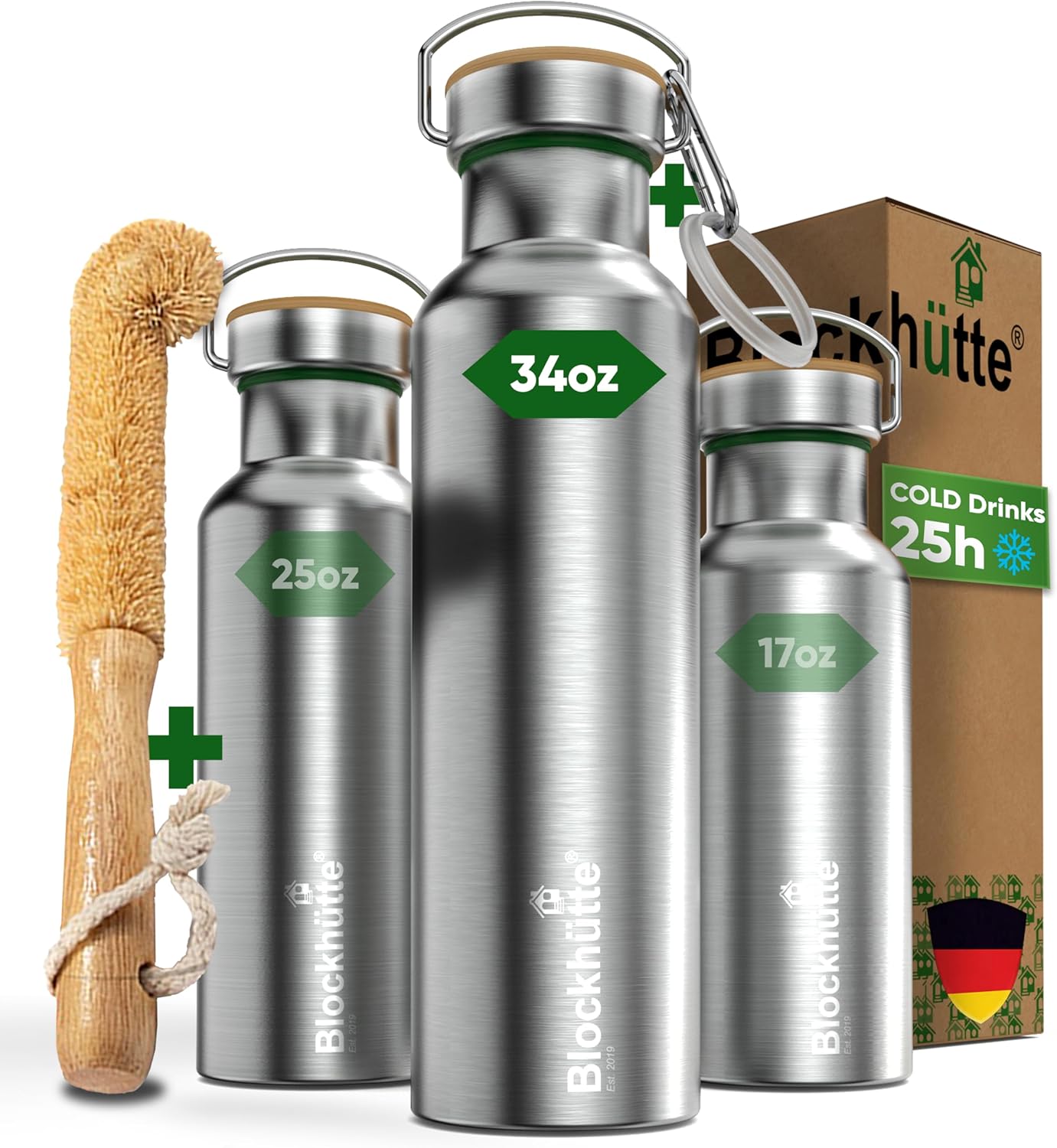 Blockhütte Vacuum Insulated Stainless Steel Water Bottle I 17 oz I Wide Mouth Metal Bottle for hot and cold drinks I BPA-Free I perfect for Travel, School I Kids, Adults, Water Canteen, Sports, flask