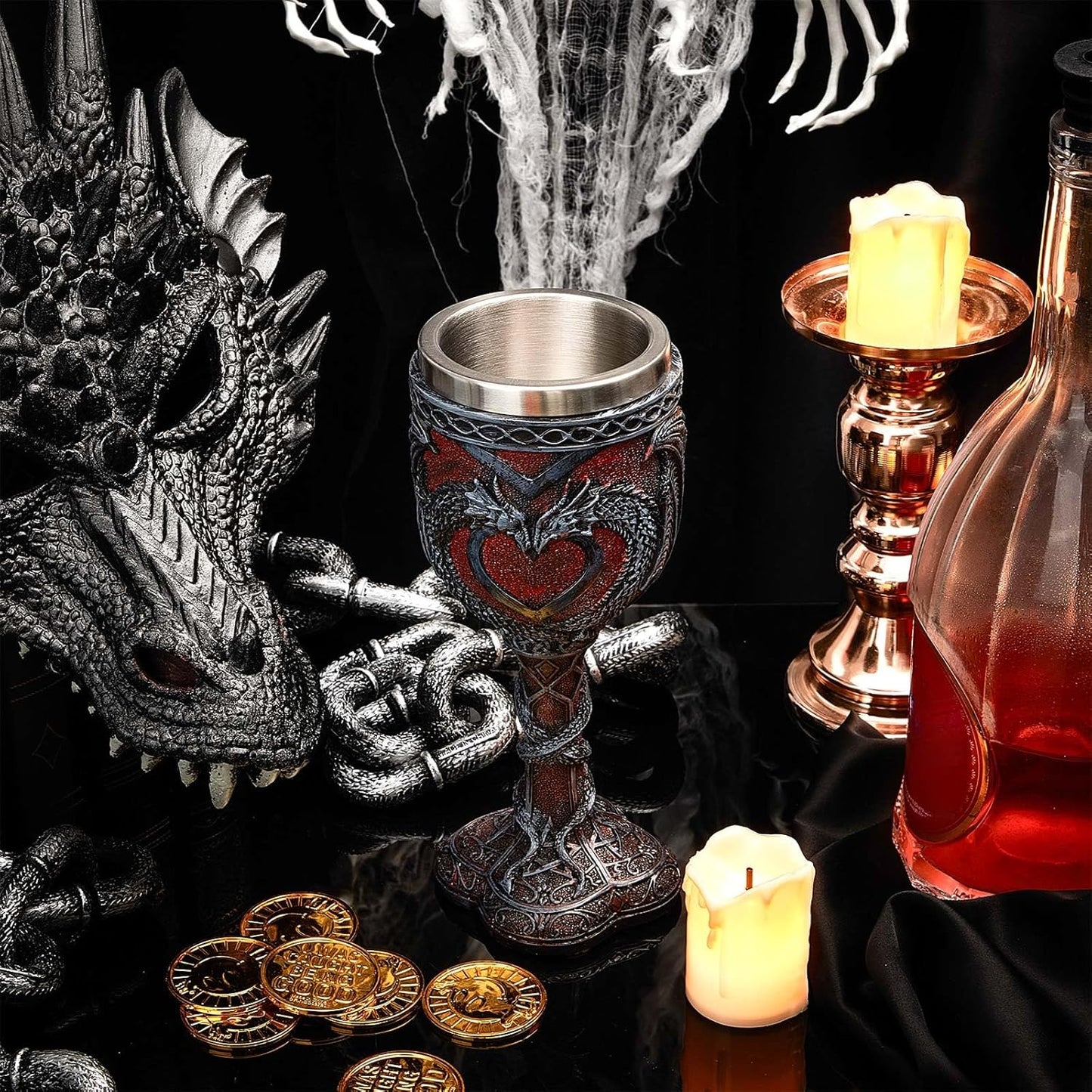 Jinei 2 Pcs Medieval Cups and Goblets Dragon Wine Goblet Chalice Goblet 7 oz Resin Dragon Cup Gothic Wine Glass Romantic Stainless Steel Drinking Cup for Medieval Party Decorations(Classic)